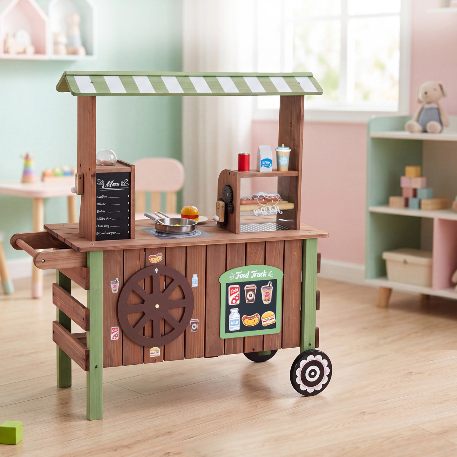 LJG Wooden Grocery Store Playset for Kids with Large Wheels