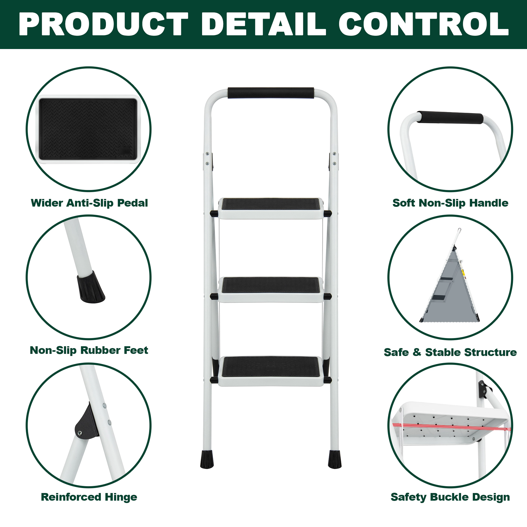 Flynama 3 Step Ladder- 330lb Capacity Steel Foldable Step Stool (White)