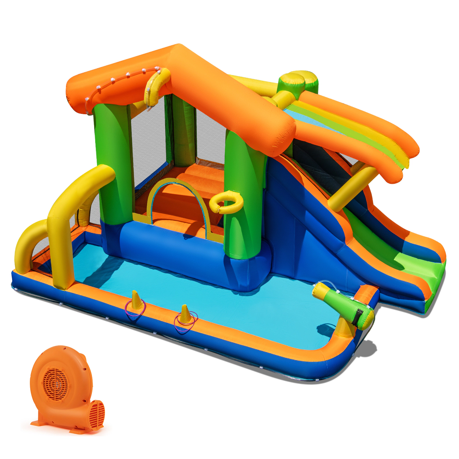 SUGIFT 8-in-1 Inflatable Jumping Castle Bounce House with Slide Pool and Games 200-lb Capacity Ages 3-12 Multi-Colored