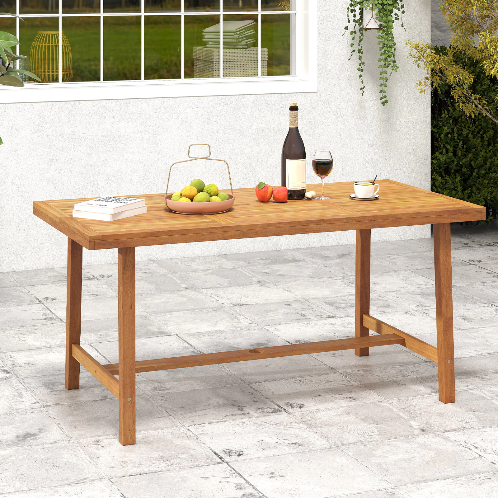 SUGIFT Acacia Wood 63-in Dining Table for 6 People with 1.97-in Umbrella Hole 165-lb Capacity Indoor Outdoor Natural