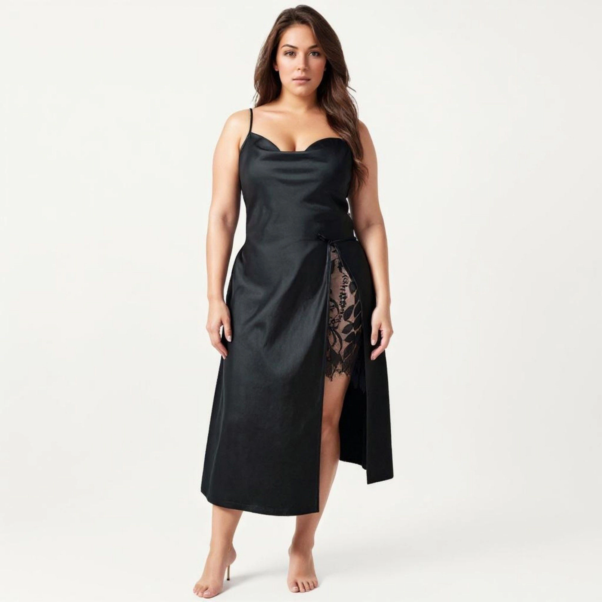Anna-Kaci Women's Plus Satin Wrap Nightgown Lace Trim Adjustable Spaghetti Straps Side Tie Midi Length Dress