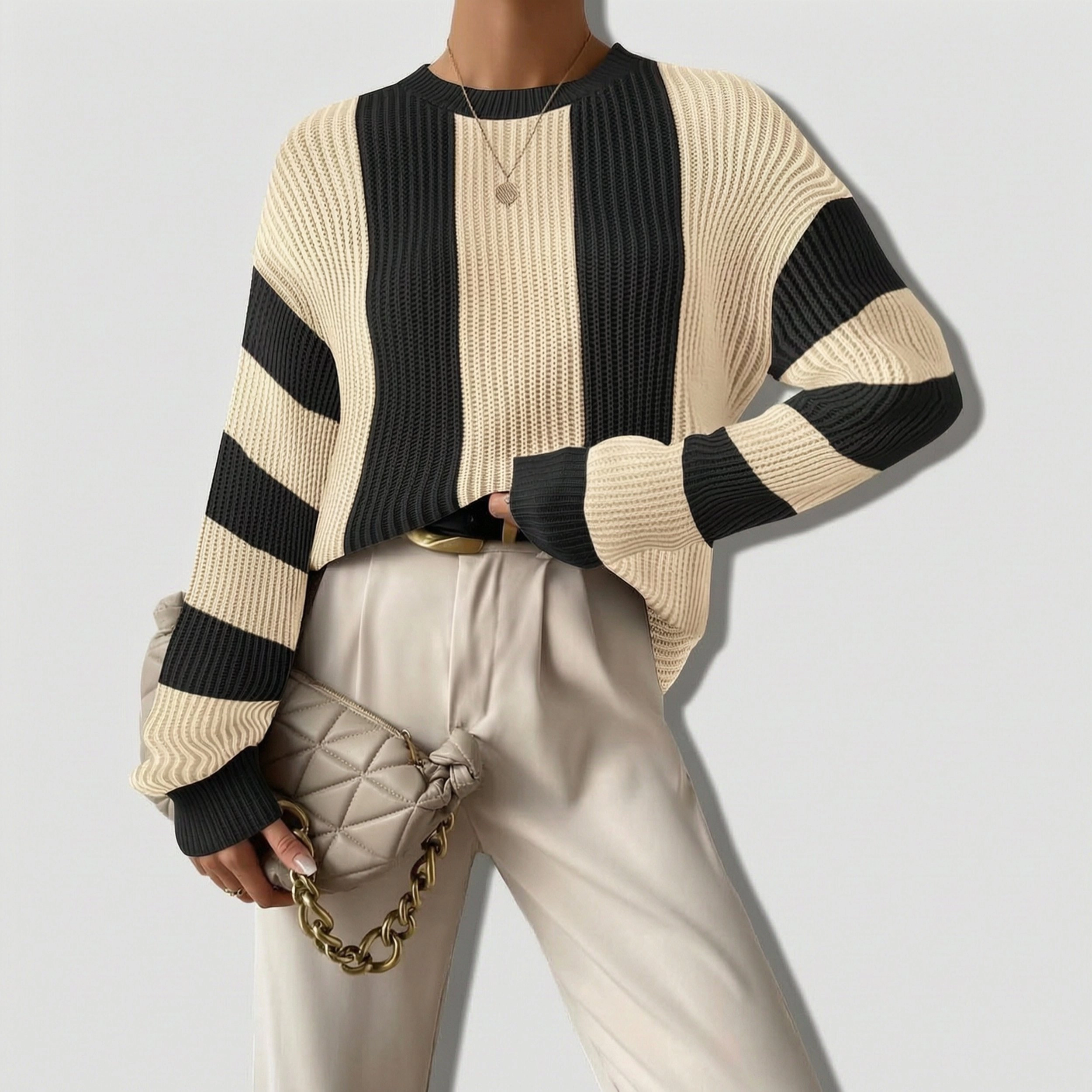 Zeagoo Women's Oversized Crew Neck Long Sleeve Color Block Rib Knit Pullover