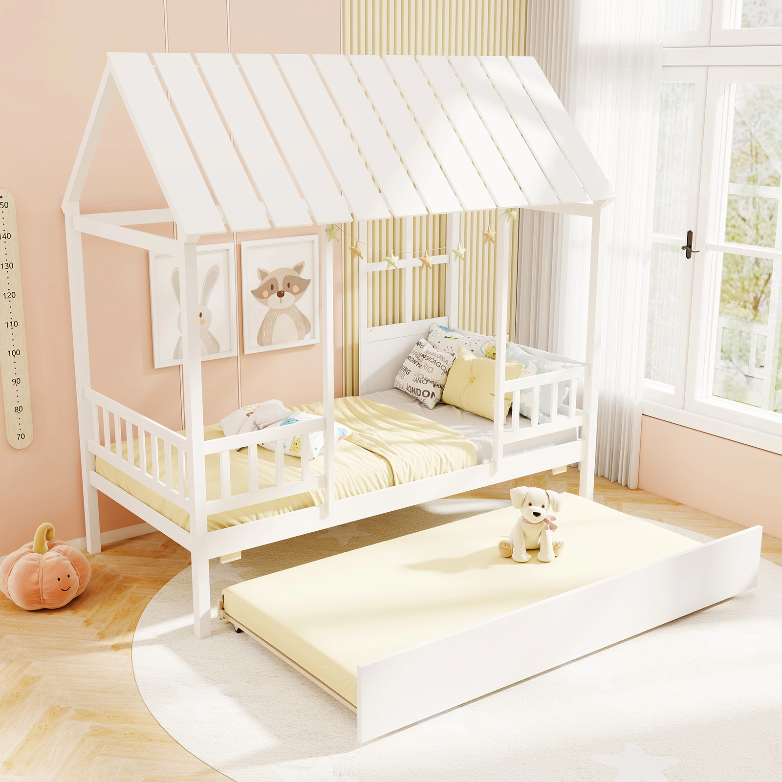 SUGIFT Twin House Bed with Trundle, Roof Window, Guardrails, White Pine Wood