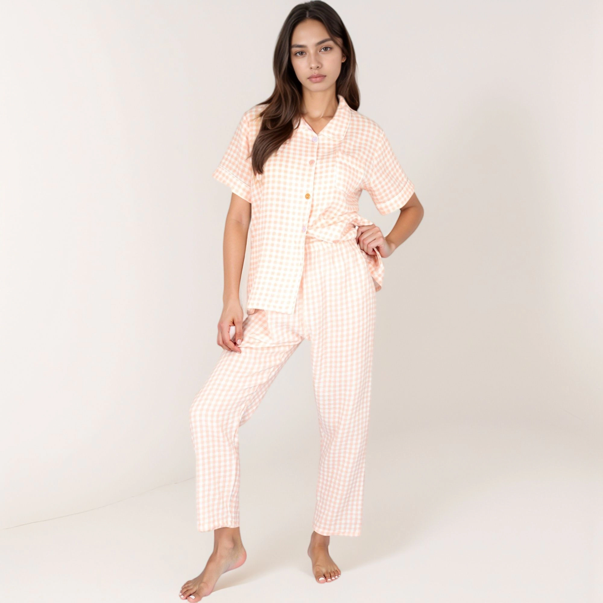 Anna-Kaci Women's Gingham Print Two-Piece Pajama Set with Short Sleeve Button Top and Relaxed Fit Pants