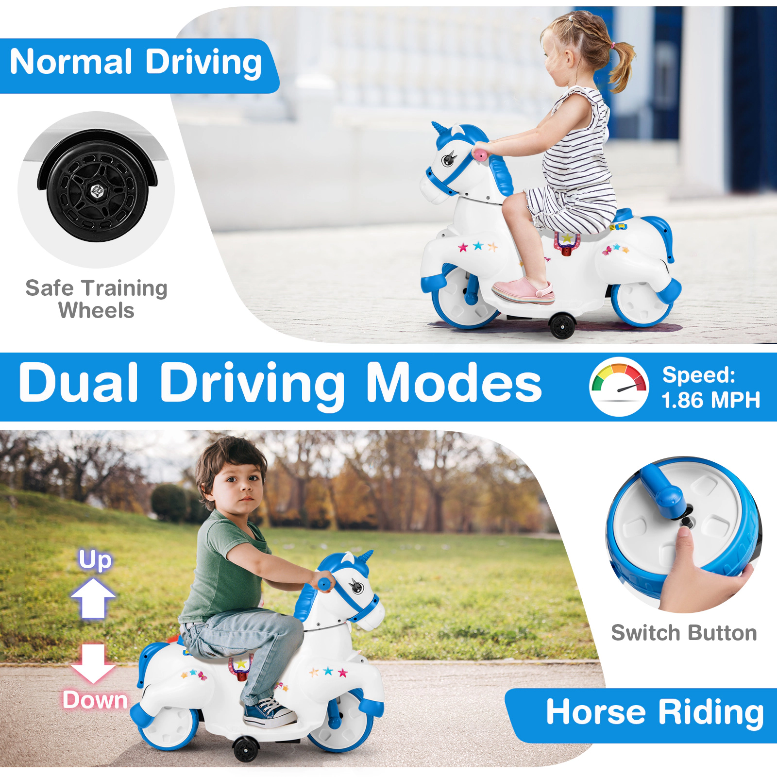 Hivvago 12V Unicorn Ride on Toy with Training Wheels and Horse Riding Mode-Navy