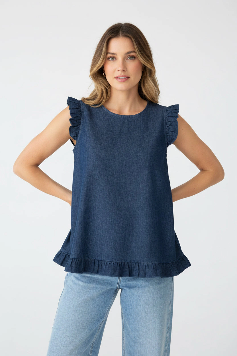 DressAtR Women's Blue Denim Ruffle Sleeveless Round Neck Blouse