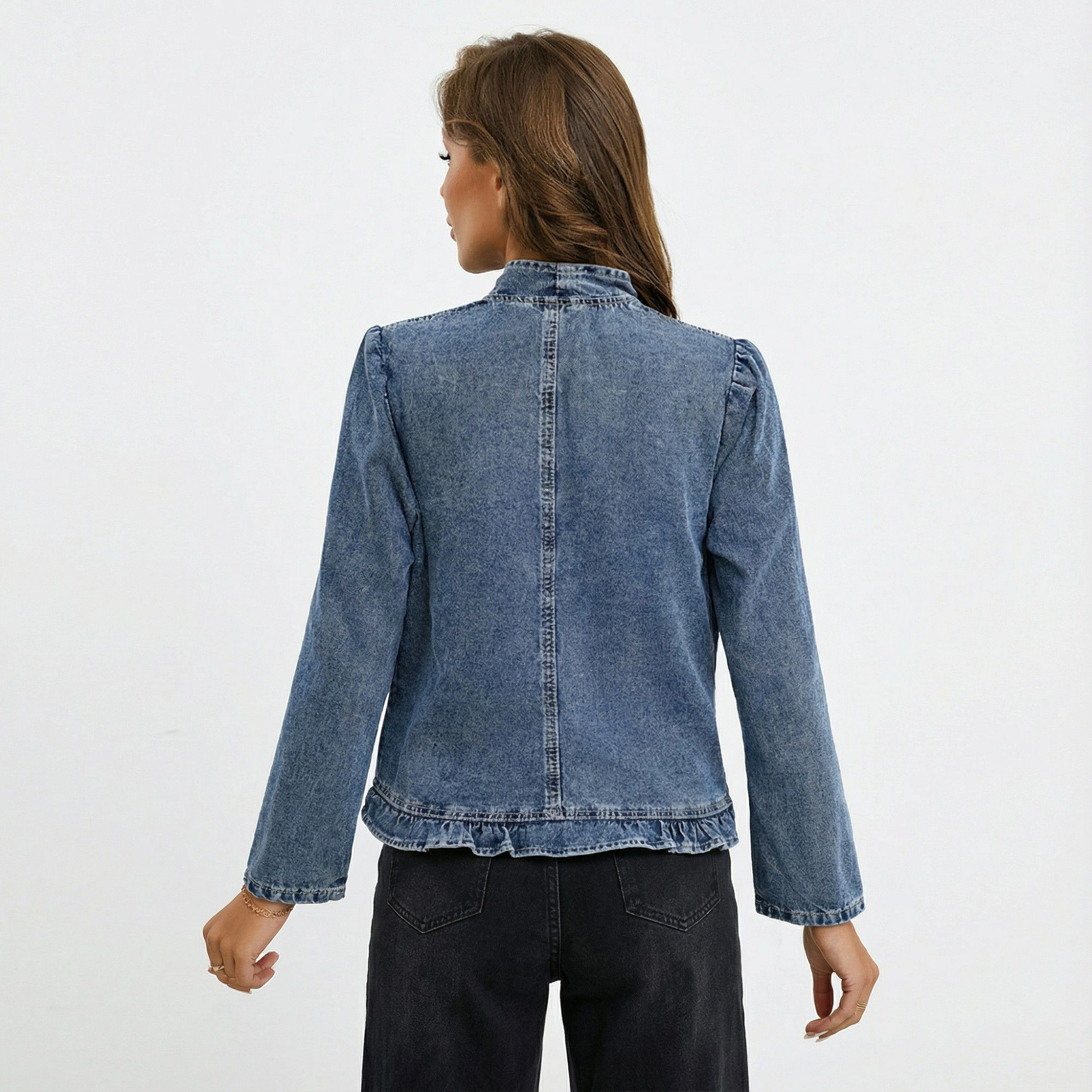 Anna-Kaci Womens Lightweight Ruffle Trim Open Front Denim Jacket