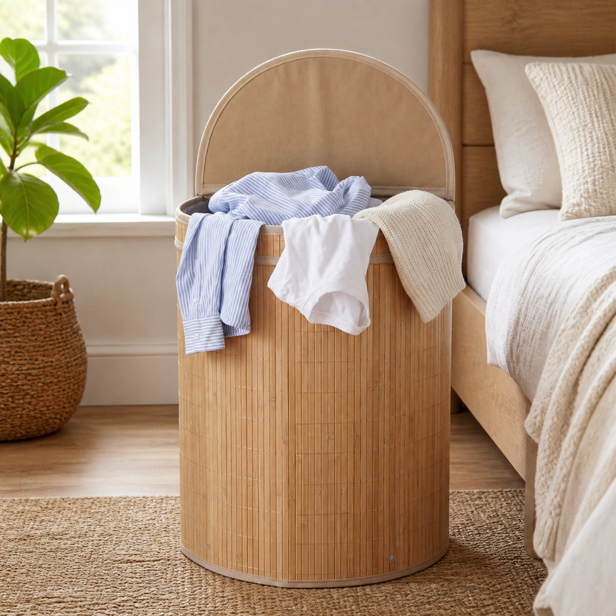 SUGIFT Natural 19-gal Foldable Bamboo Laundry Hamper with Zippered Lid and Detachable Washable Liner