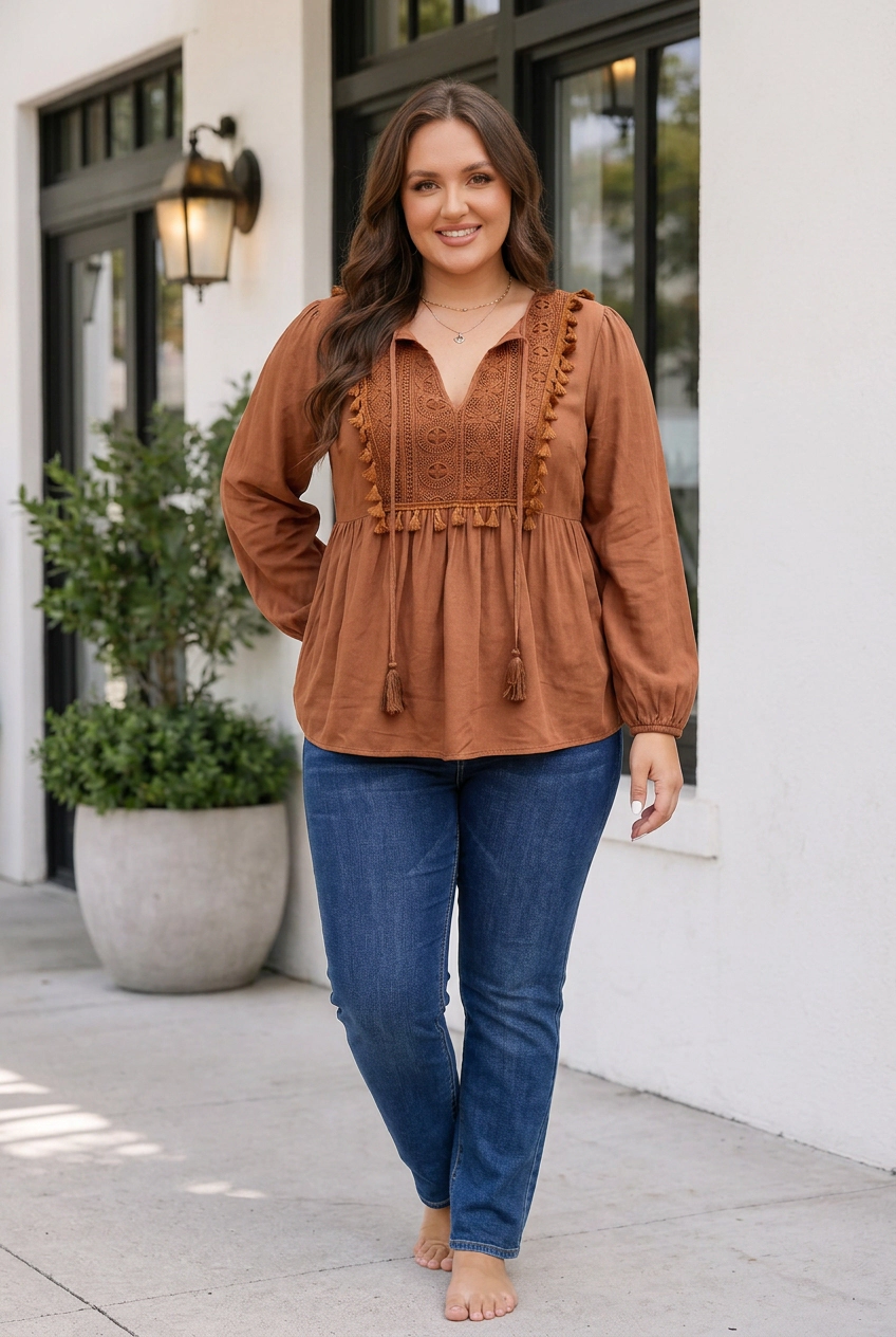 Threaded Pear Farrah Long Sleeve Blouse PLUS Top