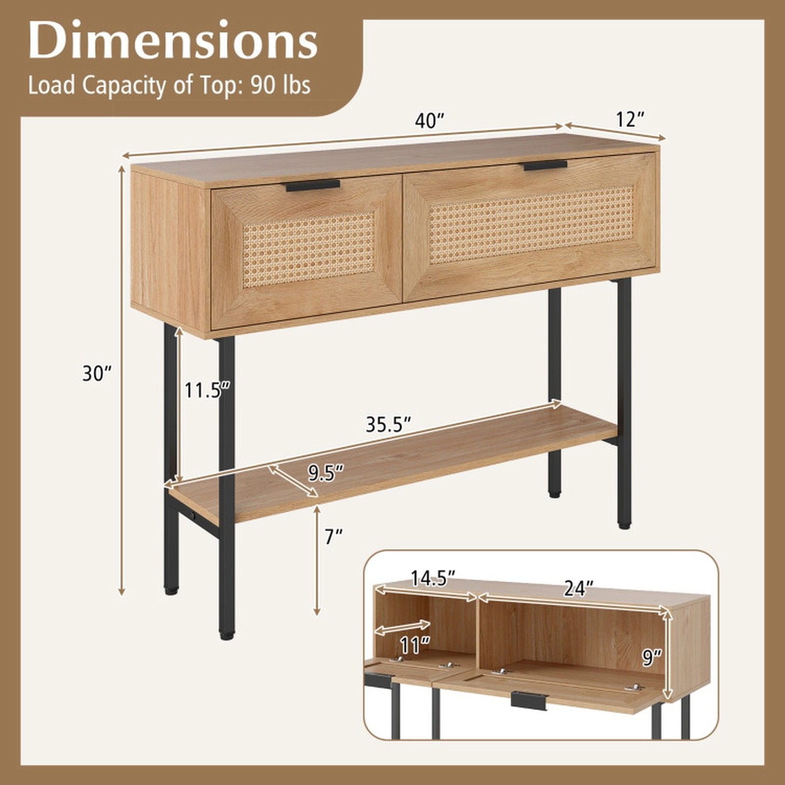 SUGIFT Rattan Console Table with 2 Storage Cabinets and Open Shelf 90-lb Top Capacity Black & Natural