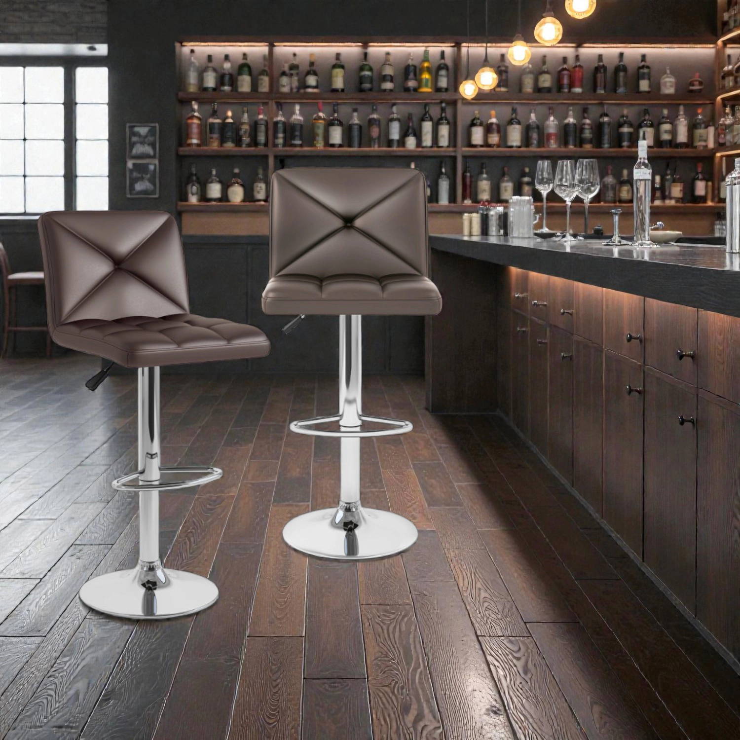 Hivvago Set of 2 Adjustable Height Bar Stools with Backrest and PU Leather Upholstery