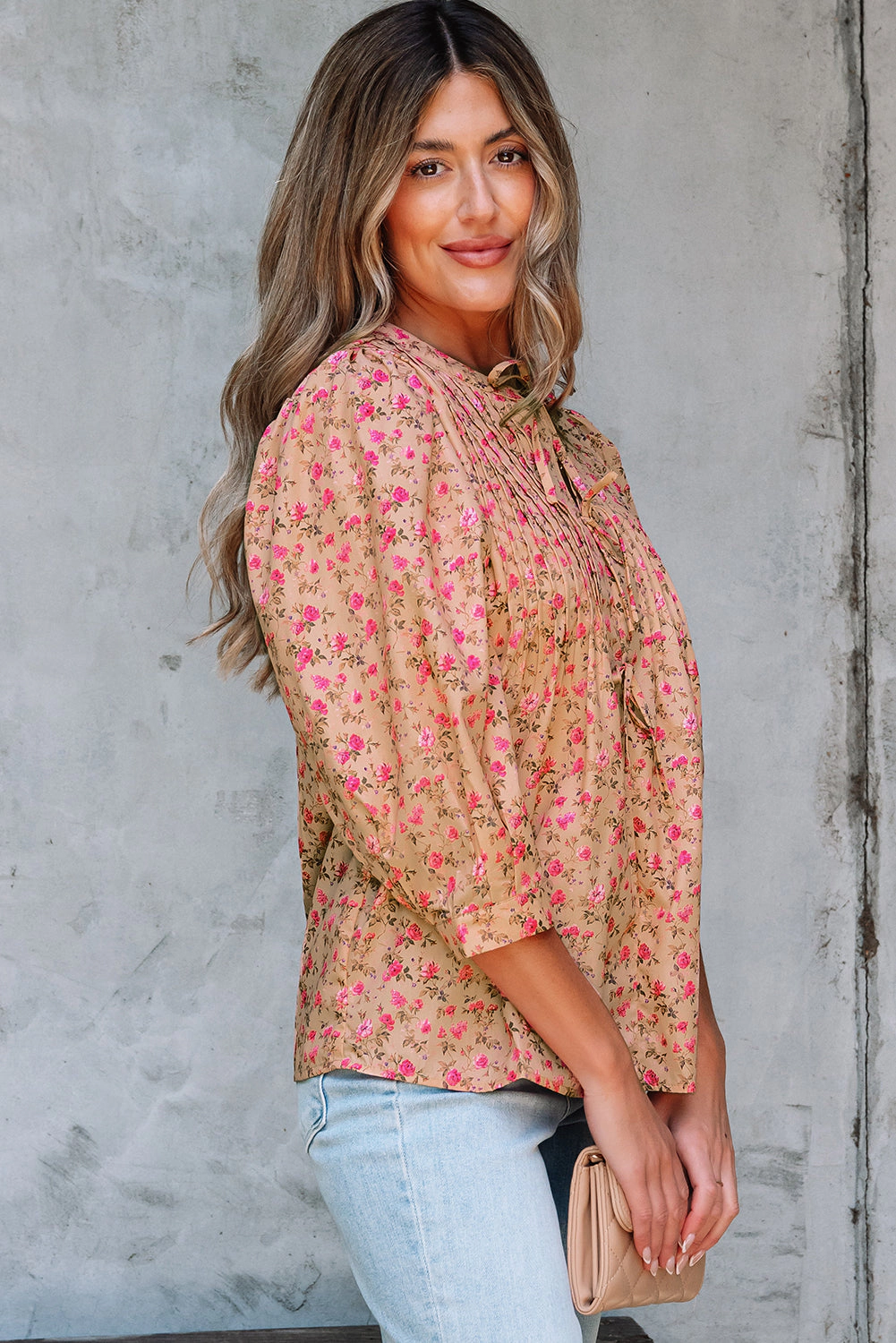 Threaded Pear Women's Sadie Floral Bow Pin-tuck Bust Half Puff Sleeve Blouse