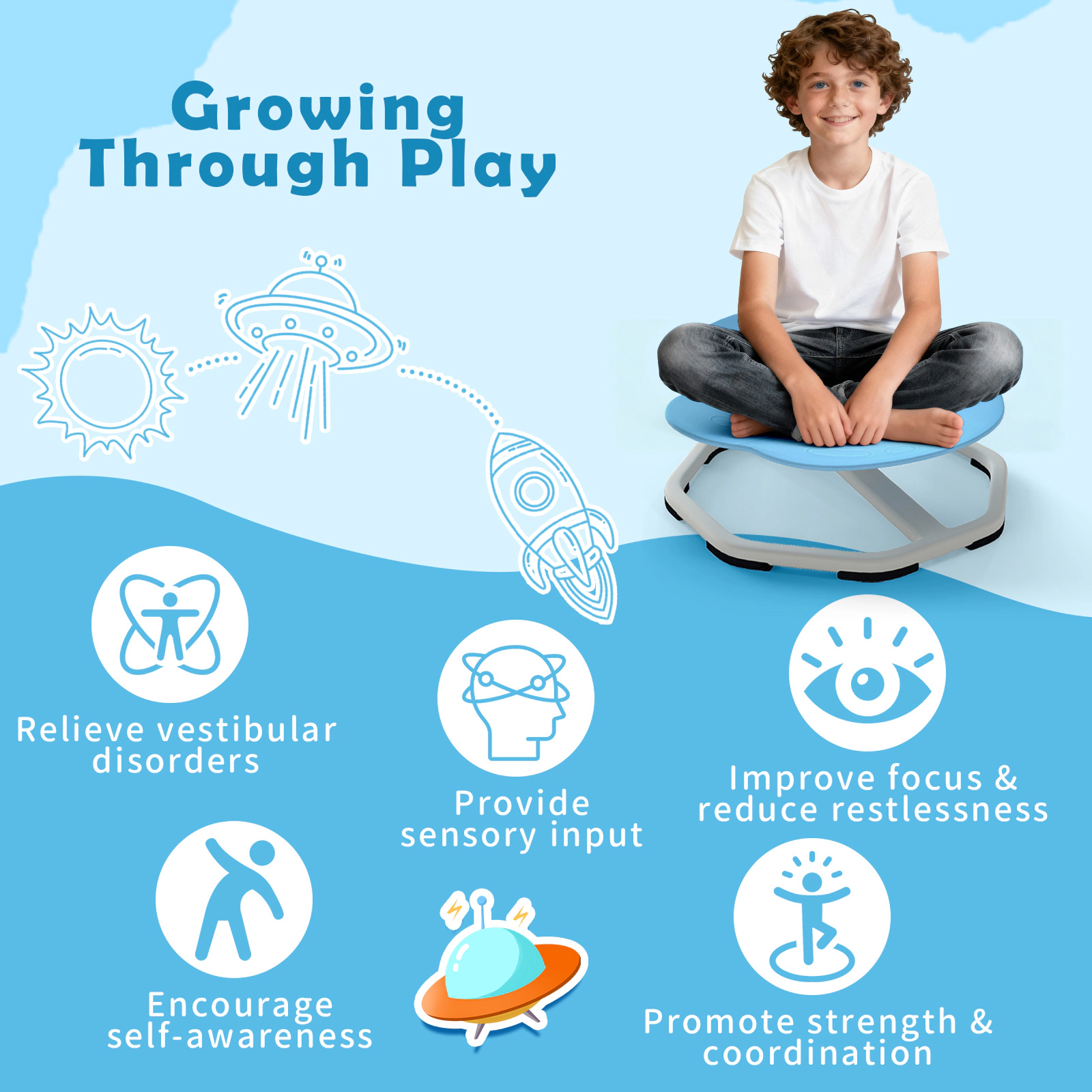 SUGIFT Kids Sensory Elephant 360° Swivel Chair Non-Slip Metal Base 220-Lb Capacity Ages 3+ 21-in Wide Seat Light Blue