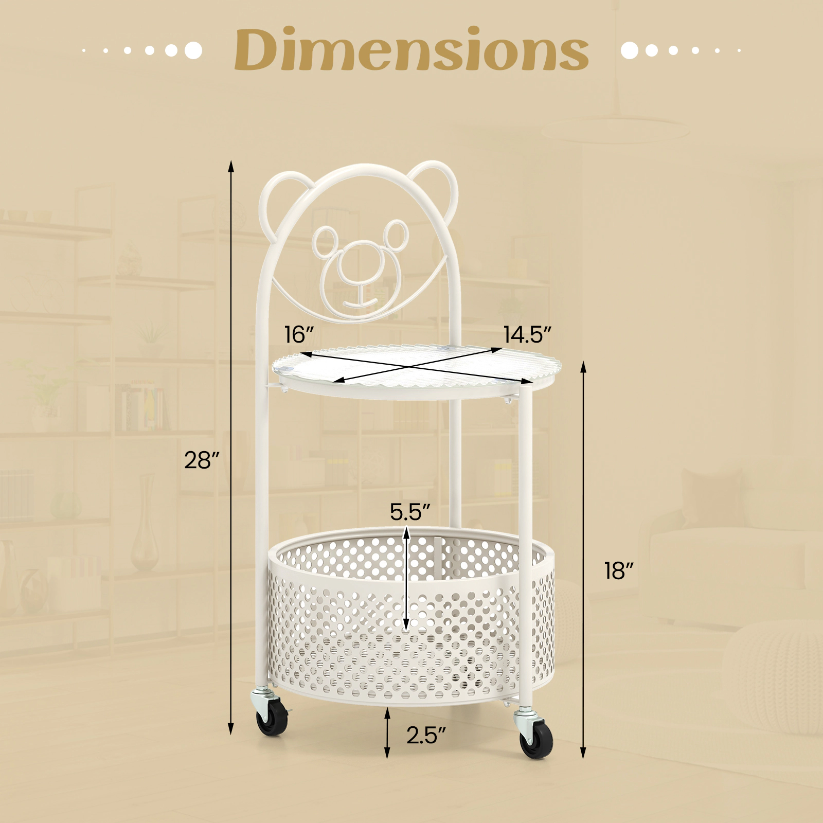SUGIFT Tempered Glass Top Metal Basket Lockable Rolling Storage Side Table White