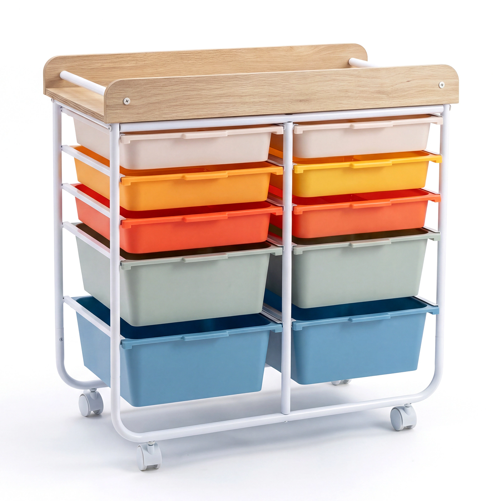 SUGIFT 10-Drawer Rolling Cart Macaron with Wooden Tabletop and Lockable Wheels for Office