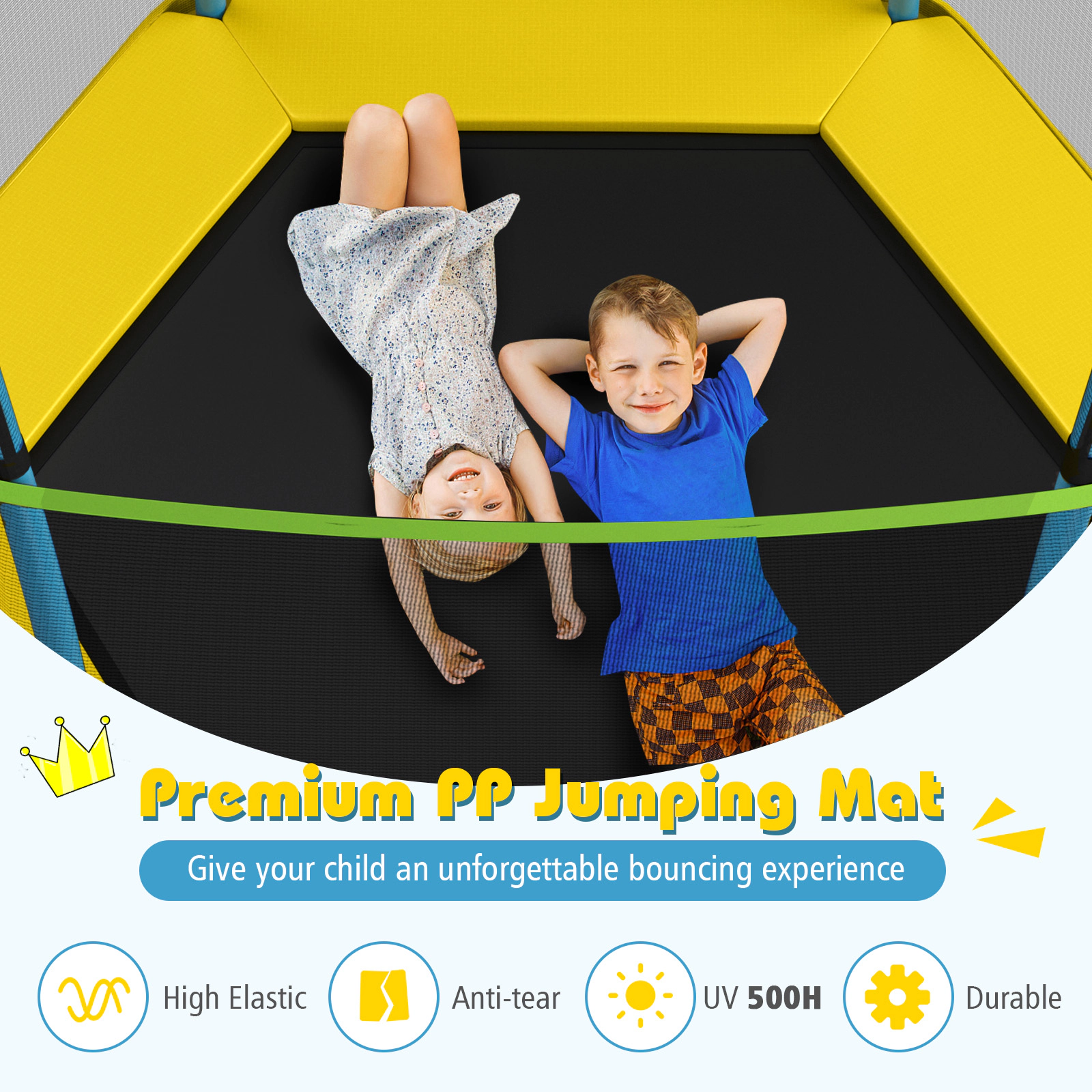 7-ft Kids Trampoline Outside-Mounted Enclosure Net 36 Springs 150-lb Limit Ages 3+ Yellow Recreational Jumper