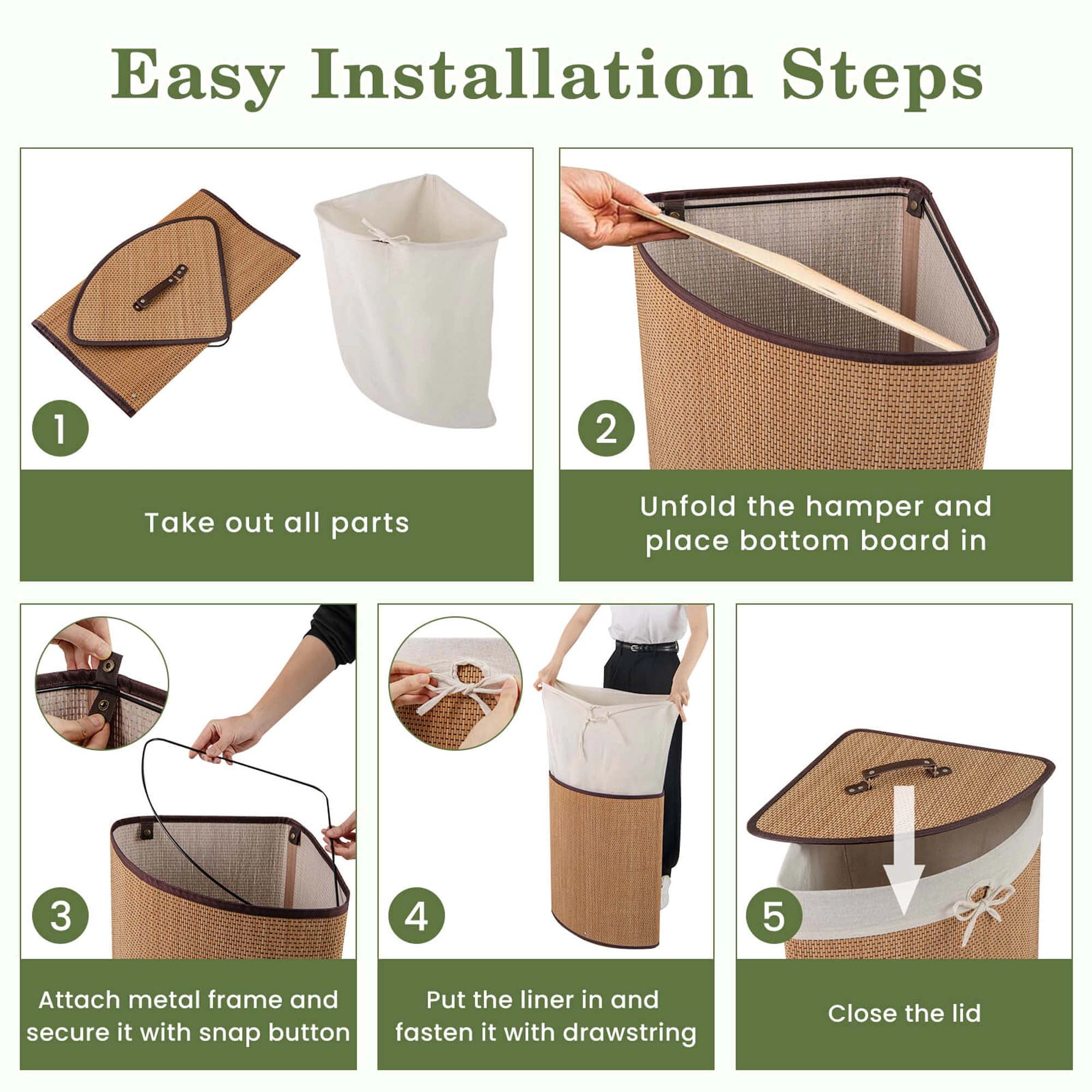 Glintex Bamboo Laundry Basket with Lid Metal Frame and Removable Liner Bag, Natural