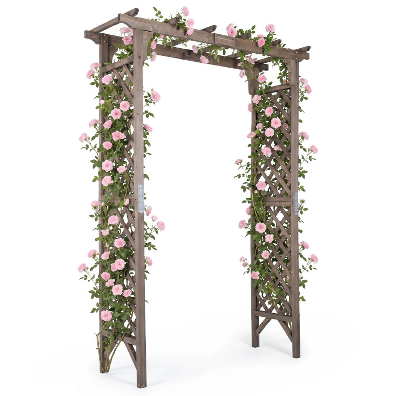 SUGIFT Dark Brown Flat Top Wooden Garden Arbor with Gate and Side Trellises 60-in W 24-in D 85-in H 49-in Entry W