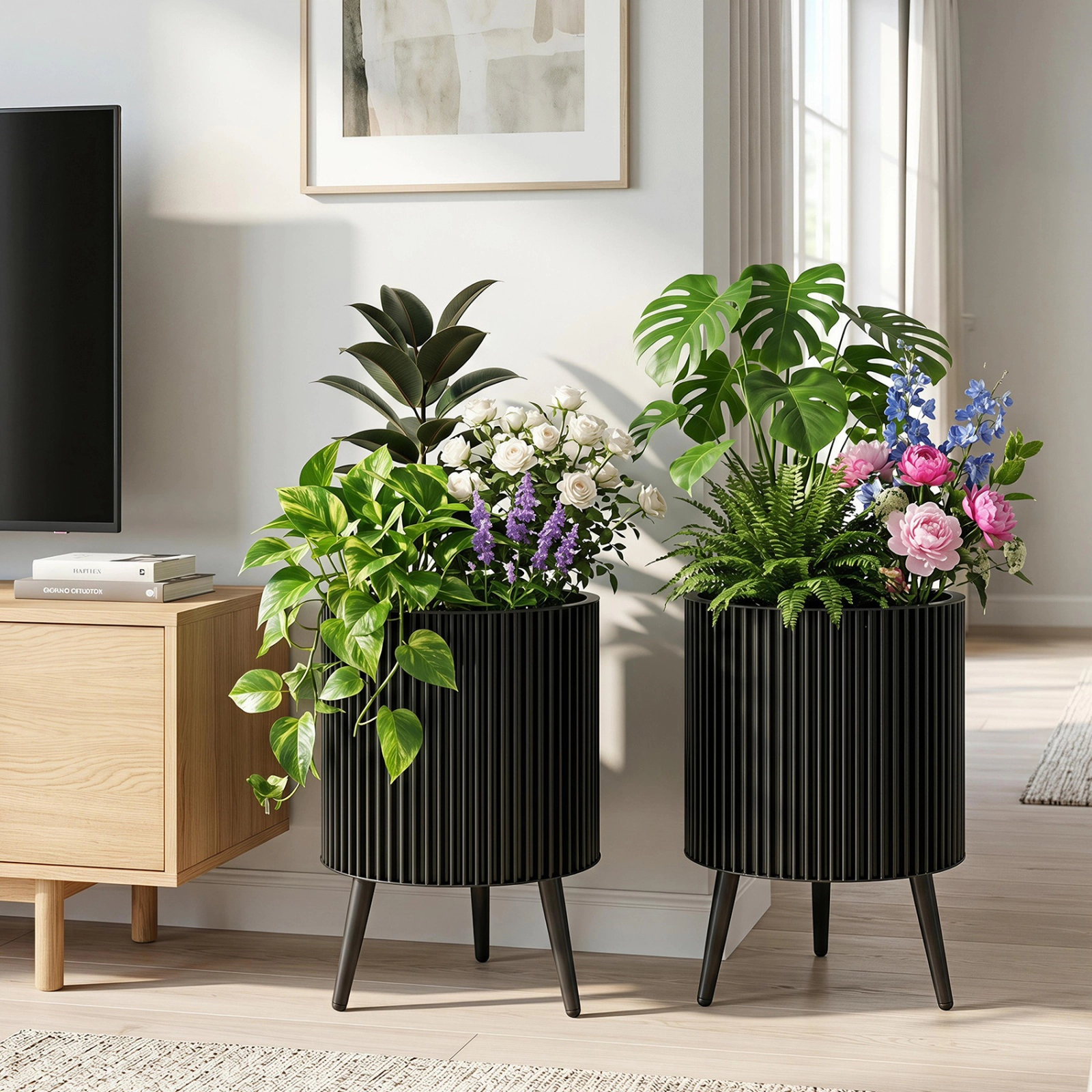 SUGIFT Set of 2 22-in Tall 110-lb Per-Pot Capacity Fluted Metal Flower Pots with Stand and 3 Drain Holes