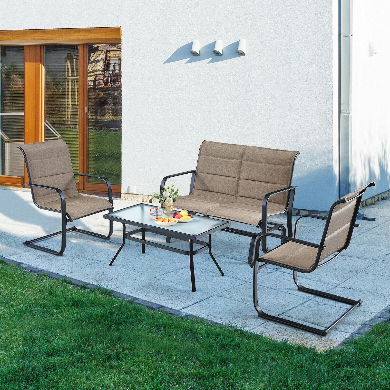 LJG 4 Pieces Outdoor Patio Furniture Set with Padded Glider Loveseat and Coffee Table