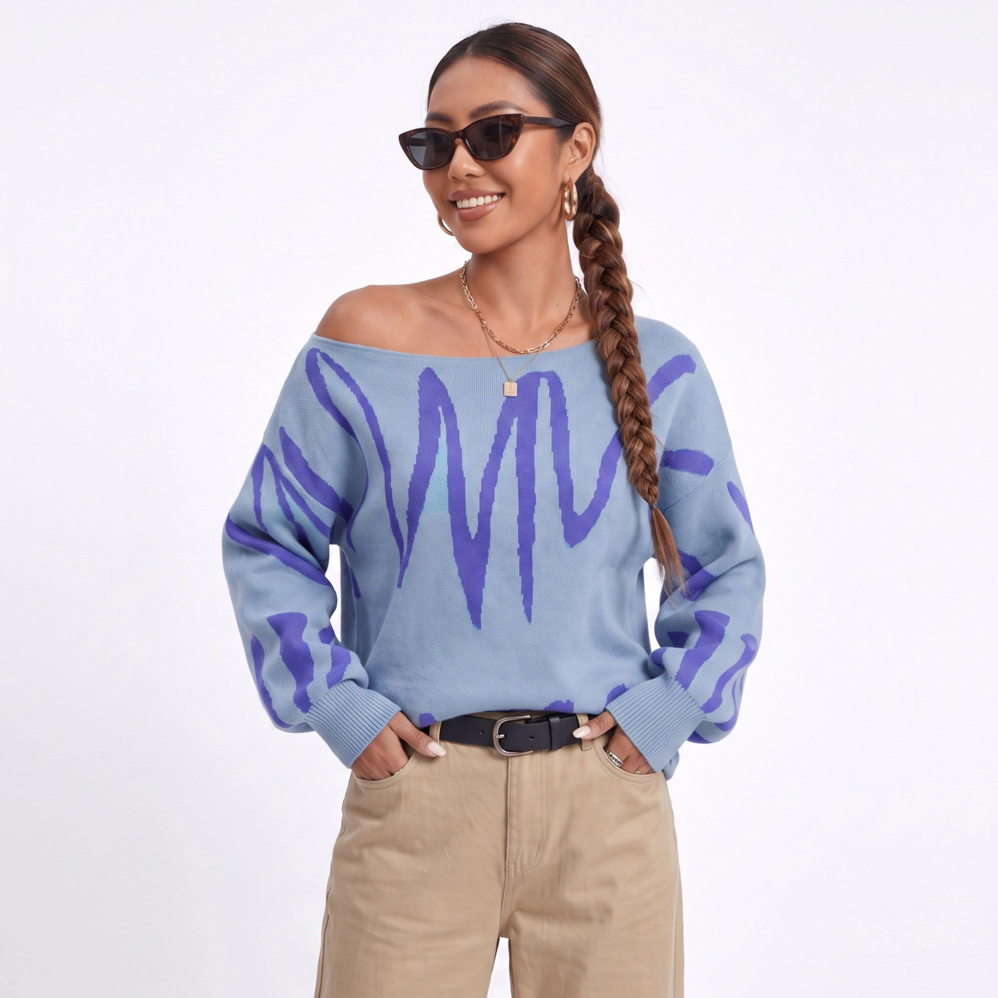 Anna-Kaci Women's Abstract Graphic Print Long Sleeve Knit Sweater