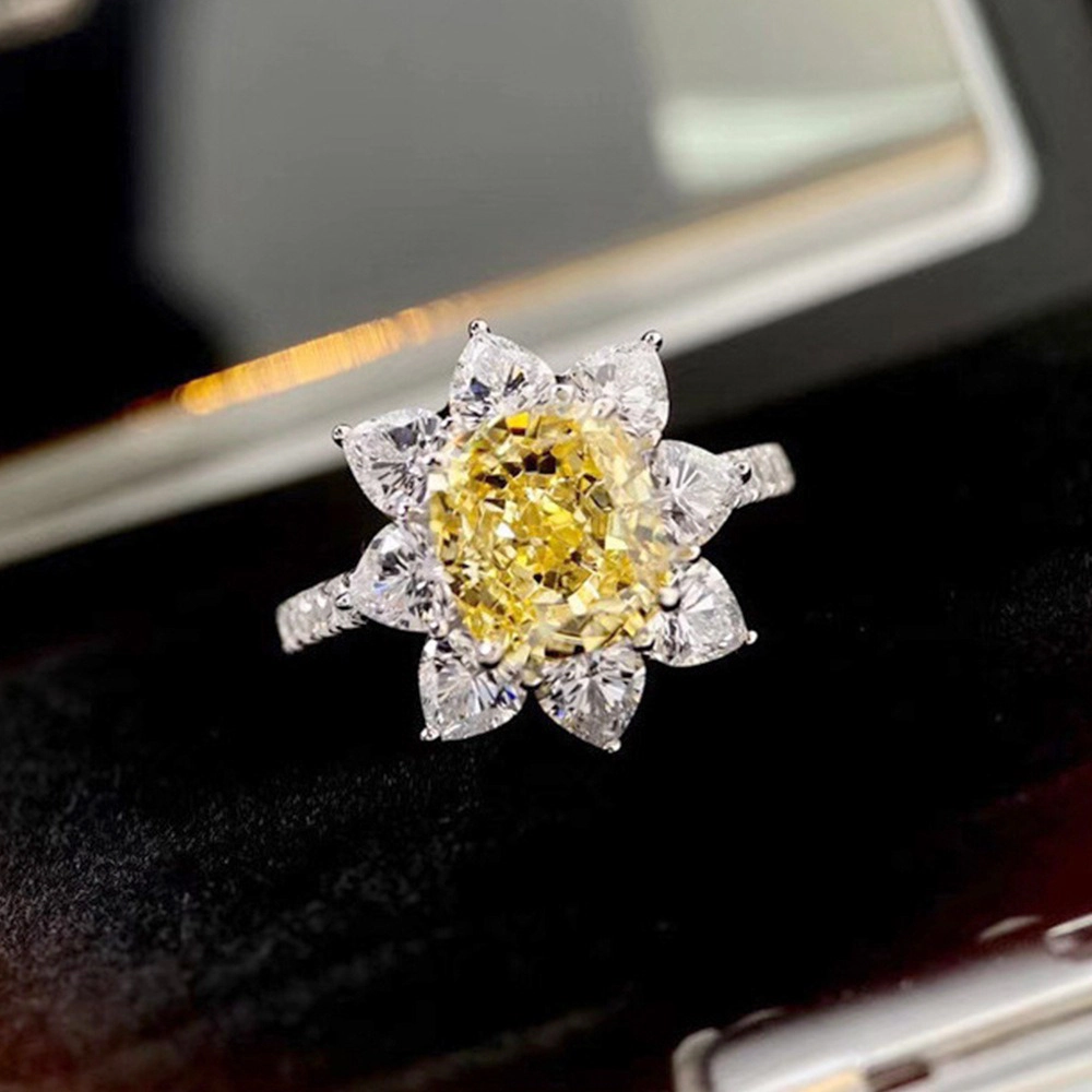 Oval Yellow Cubic Zirconia Flower Halo Ring Silver鈥慣one Luxury Engagement Ring for Women