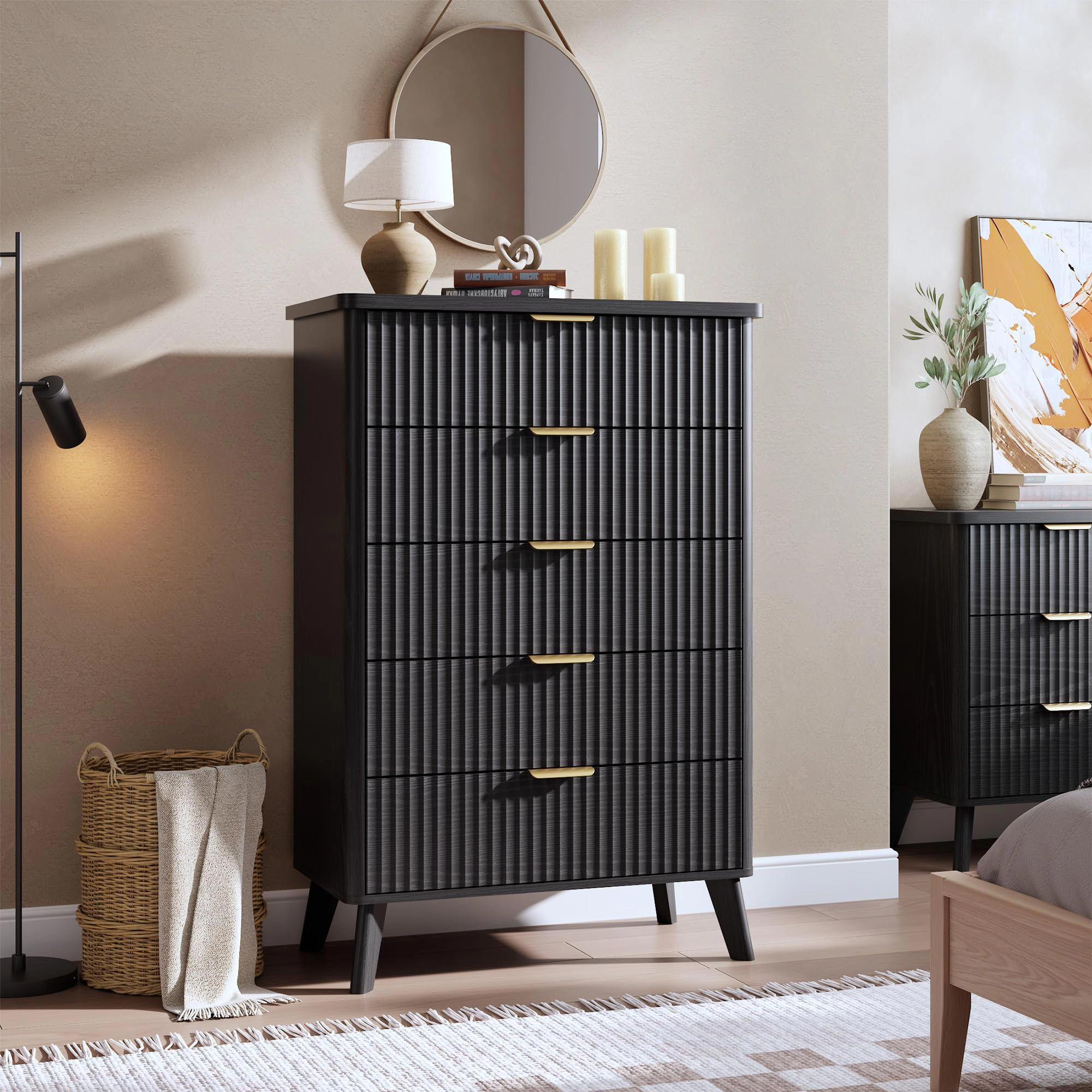 Fluted 5 Drawer Dresser, Curved Profile Design 47.2" Tall Wooden Chest for Bedroom Living Room Hallway