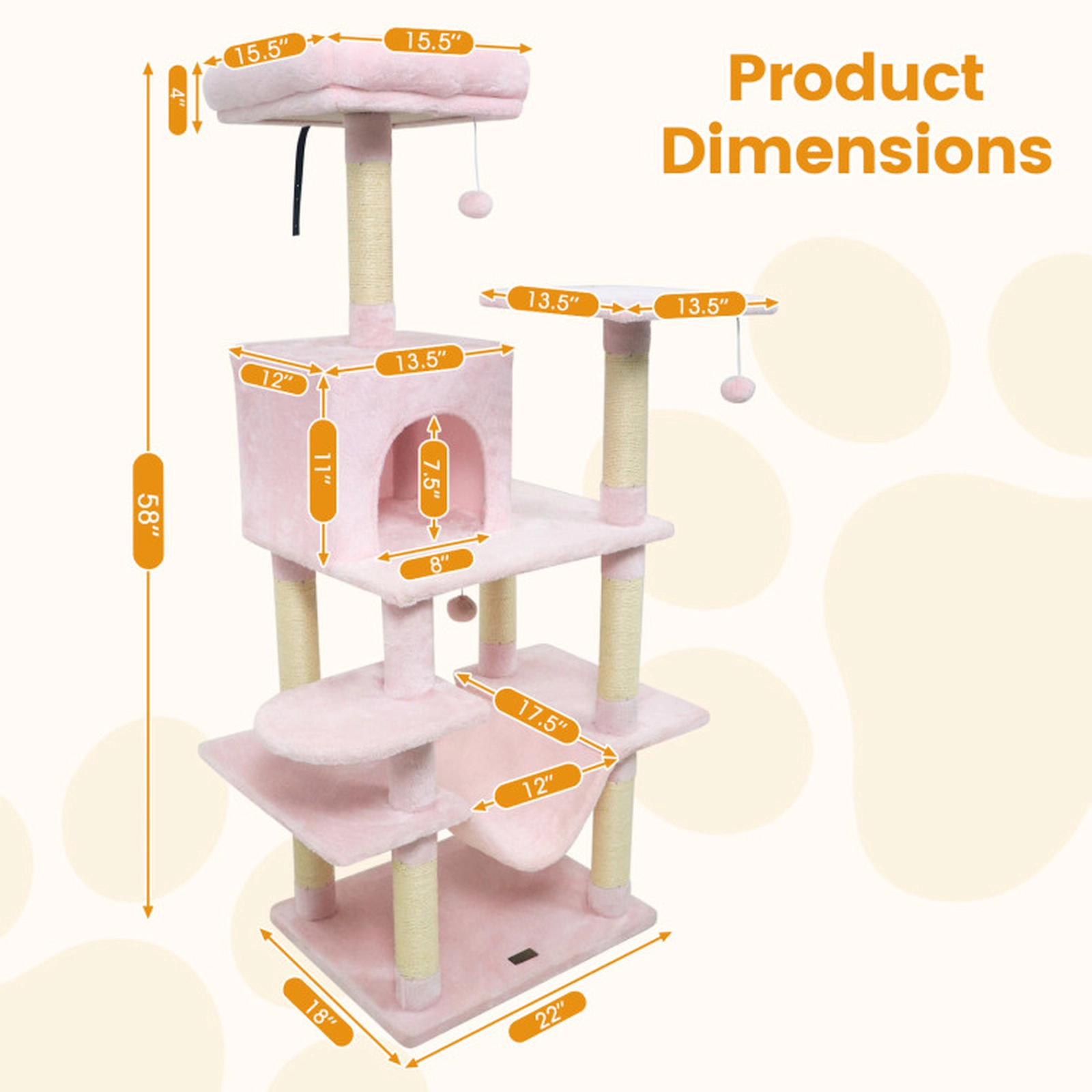 SUGIFT 58-in Multi-Level Cat Tree Tower with Padded Top Perch Condo and Scratching Posts 29-lb Net Weight Pink