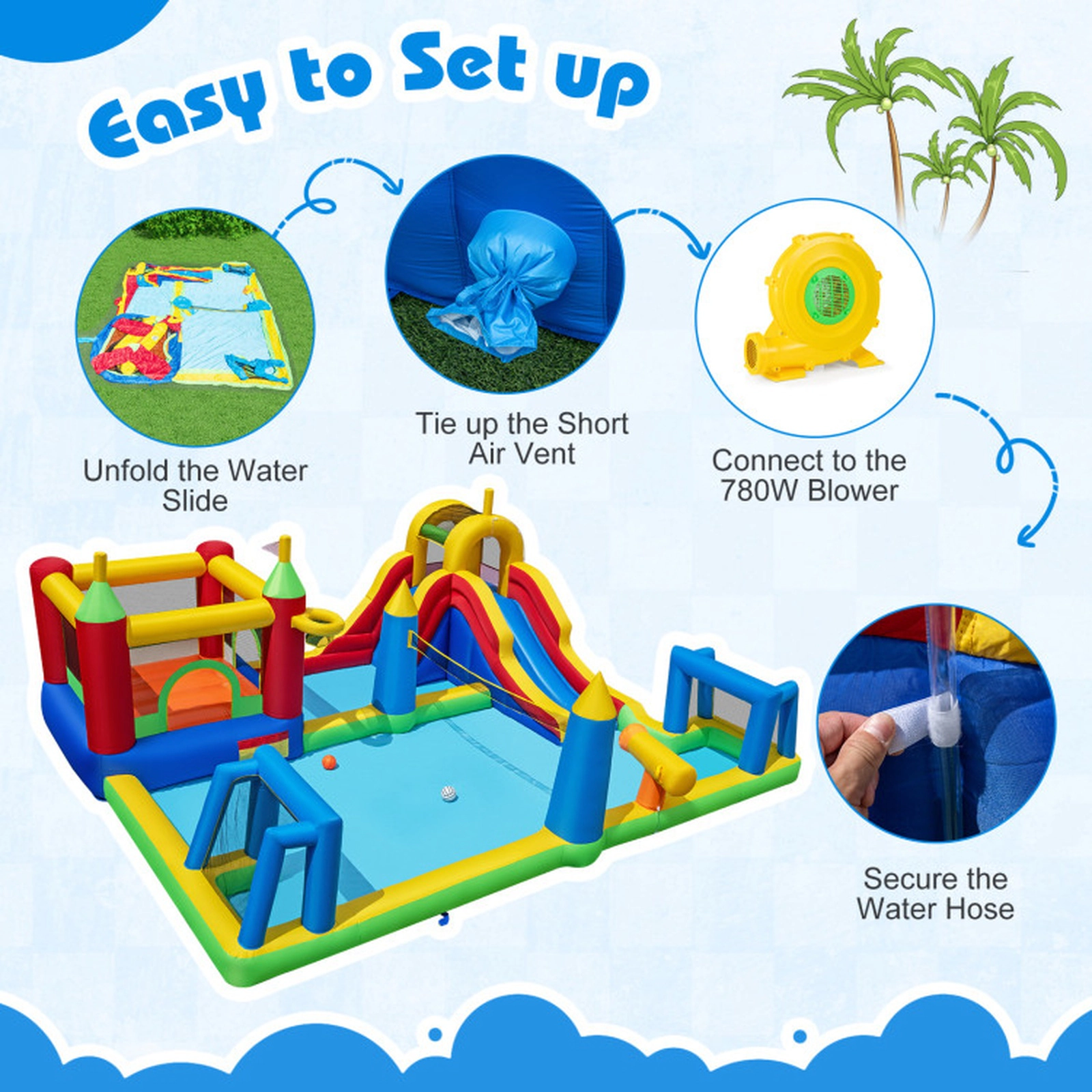 SUGIFT 9-in-1 Inflatable Bounce House Castle with Water Slide Boxing Area Volleyball Net and 780W Blower