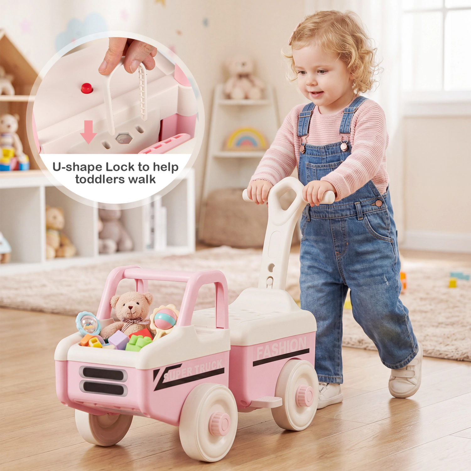 SUGIFT Pink Trailer Music and Under Seat Storage Kids 4 in 1 Ride On Push Car Walker