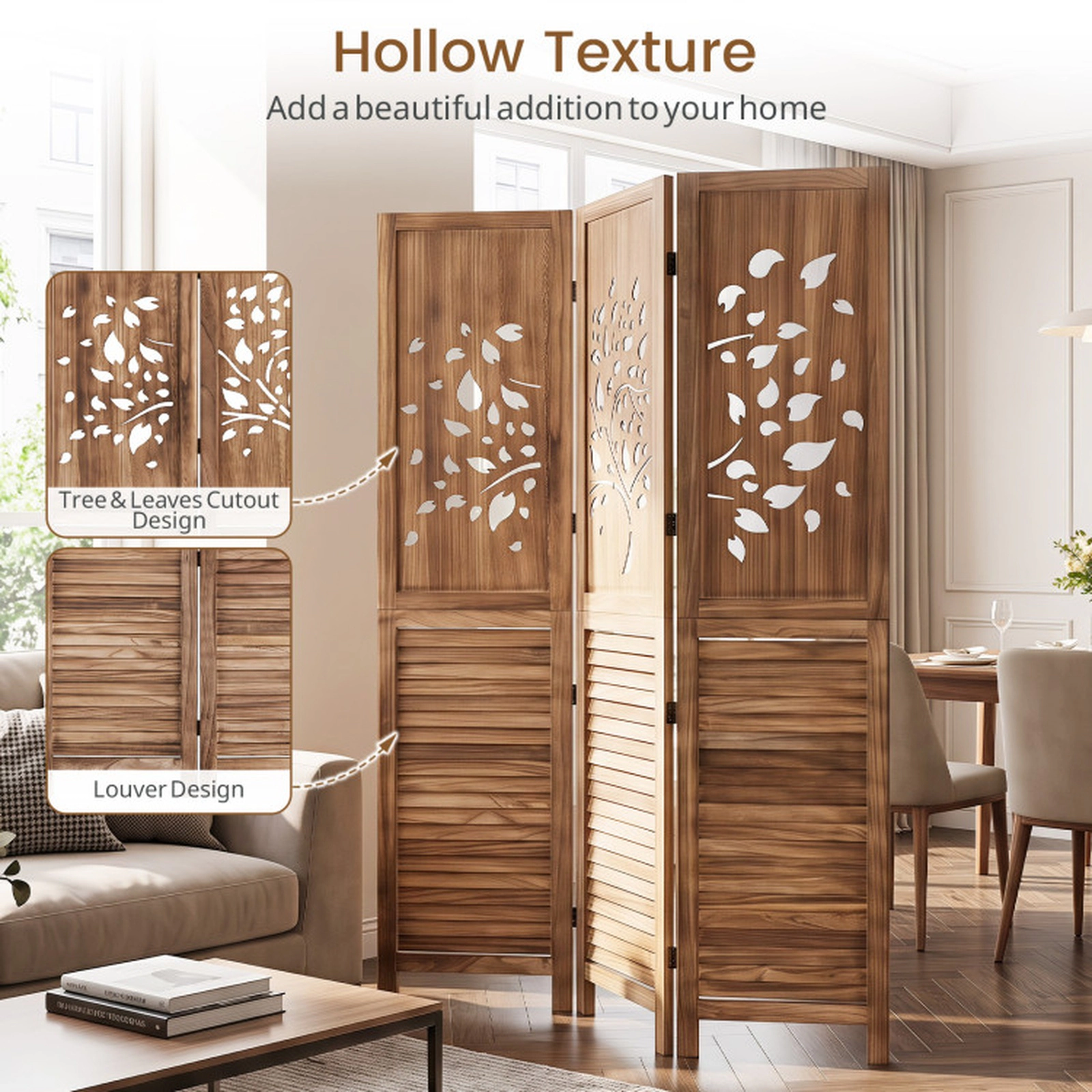 SUGIFT 3-Panel Tree Cutout Louvered Wood Folding Room Divider 47.5-in x 67-in 15.5-in Folded 15.5-lb Rustic Brown