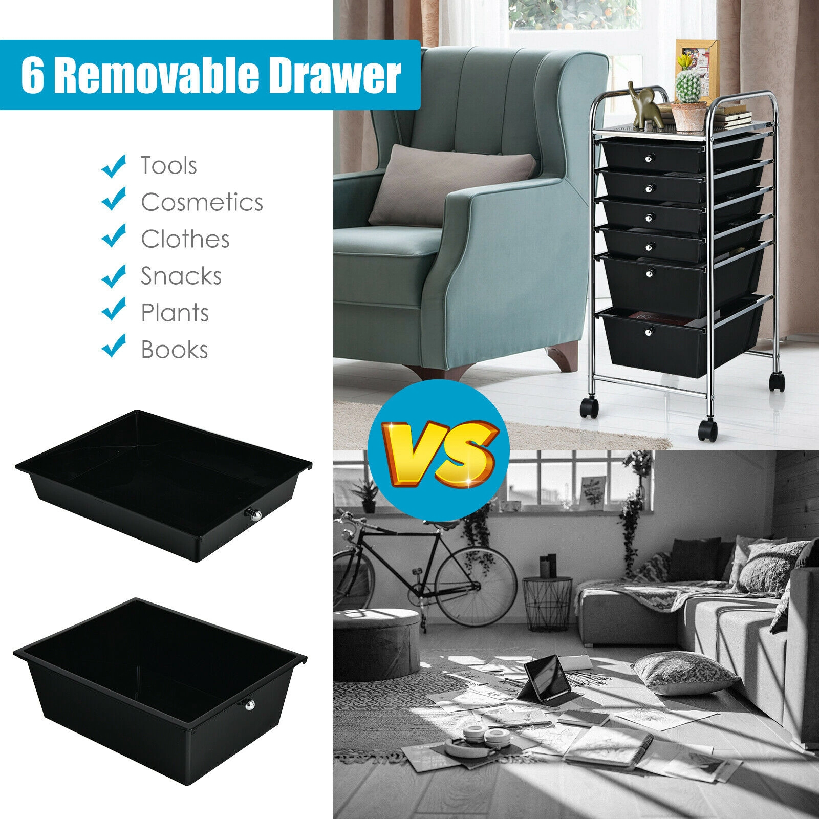 SUGIFT Black 30-in 6-Drawer Rolling Storage Cart with 2 Deep 4 Shallow Clear Drawers and Locking Wheels