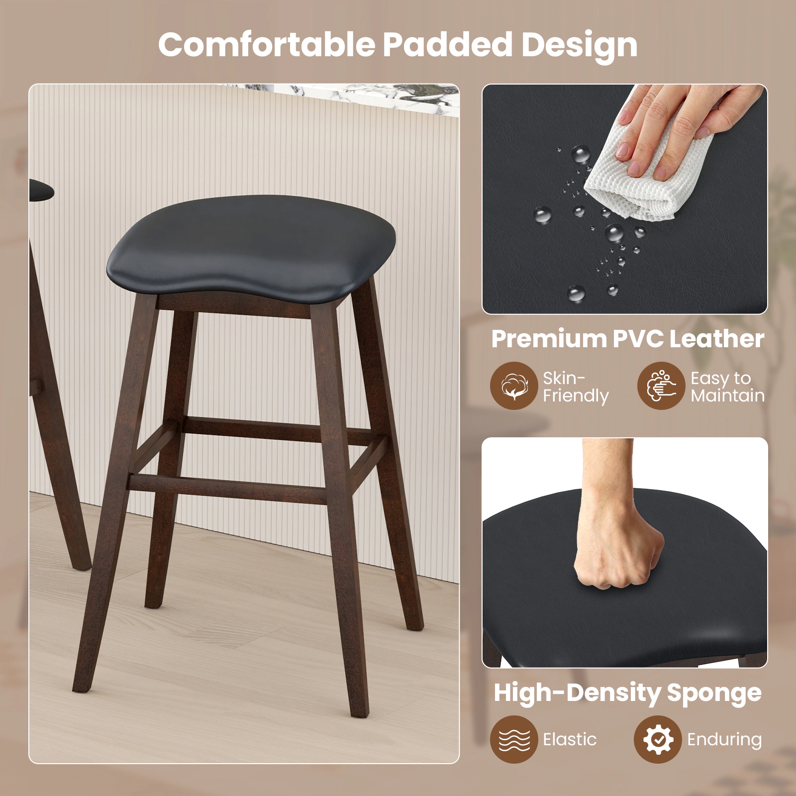Glintex 2-Piece 31-Inch Backless Swivel Bar Stool Set with Contoured PVC Seat, Black & Brown
