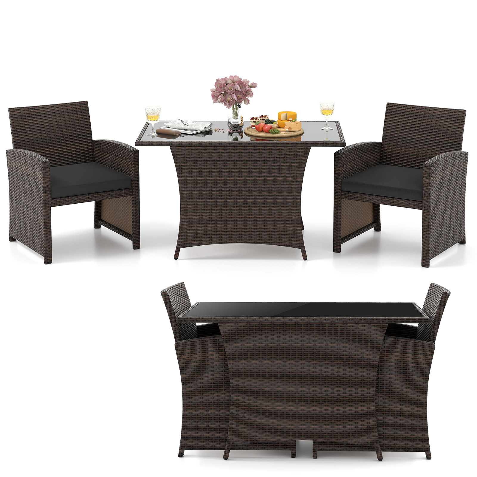LJG 3 Piece Patio Wicker Dining Set with Rectangle Tempered Glass Table