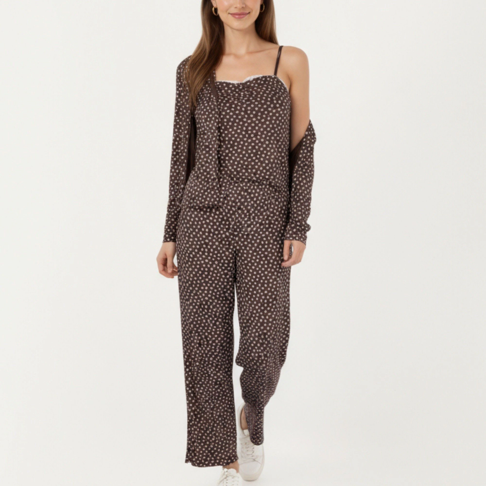 Anna-Kaci Women's 3-Piece Long Sleeve Padded Button Top Camisole and Relaxed Fit Pants Pajama Set with Soft Knit Fabric