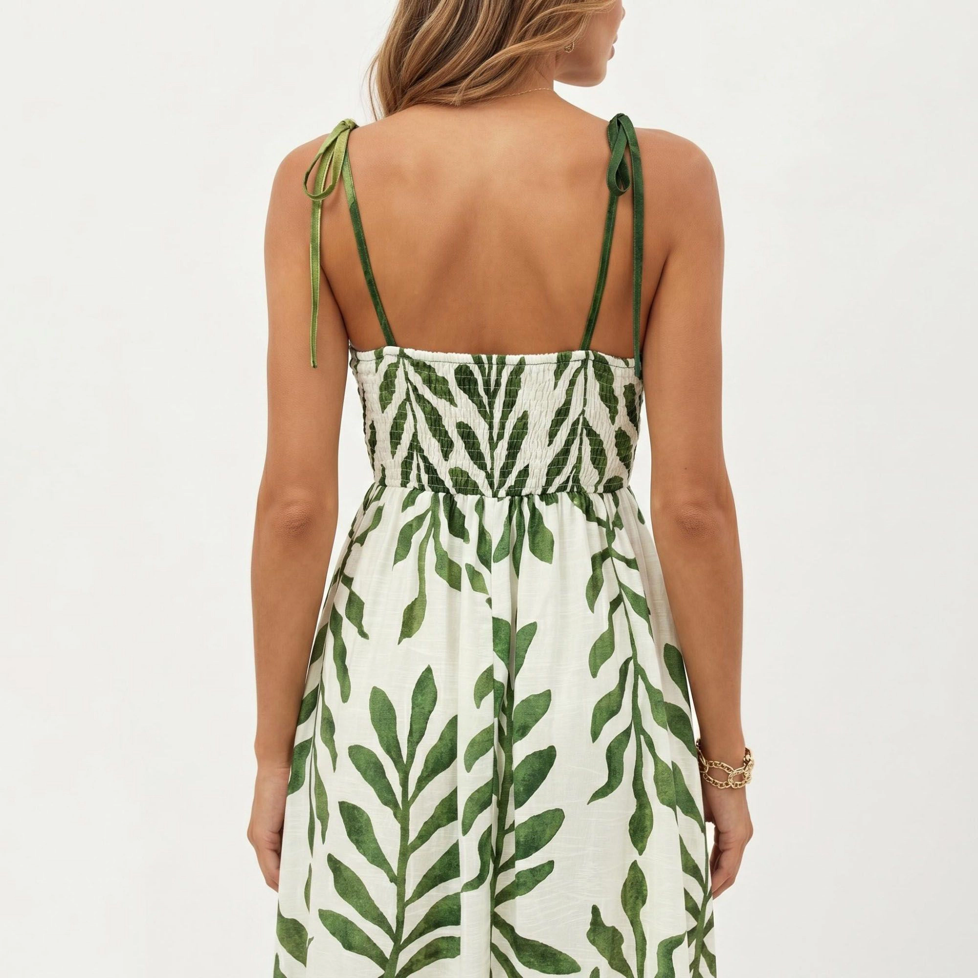 Anna-Kaci Women's Sleeveless Leaf Print Tie Shoulder Straps Smocked Back A-Line Midi Dress