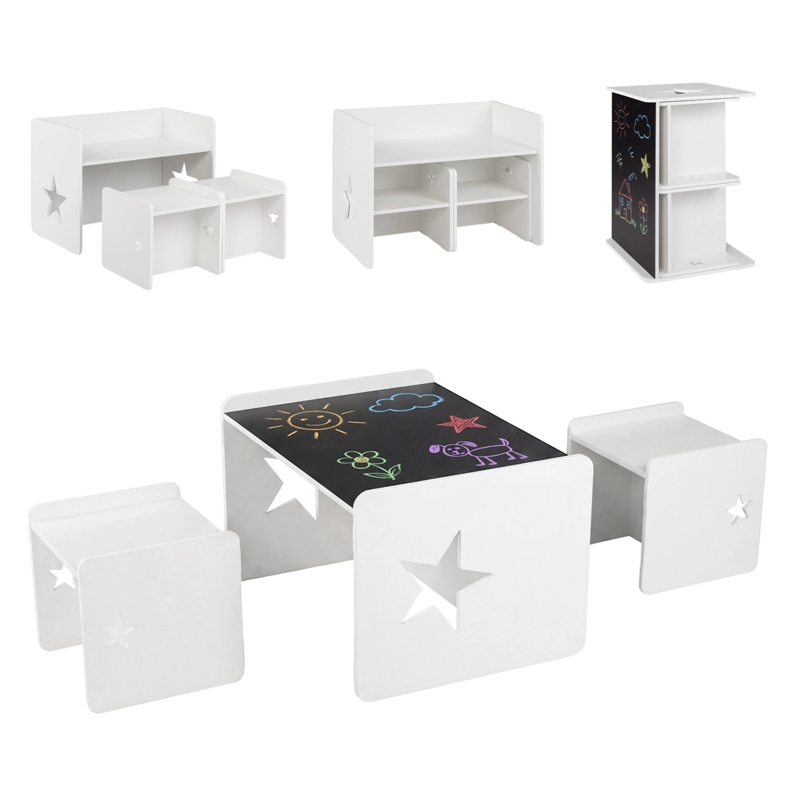 SUGIFT Space-Saving 3-Piece Kids Table and Chair Set with Chalkboard Top 66-lb Tabletop Capacity Ages 3+ White