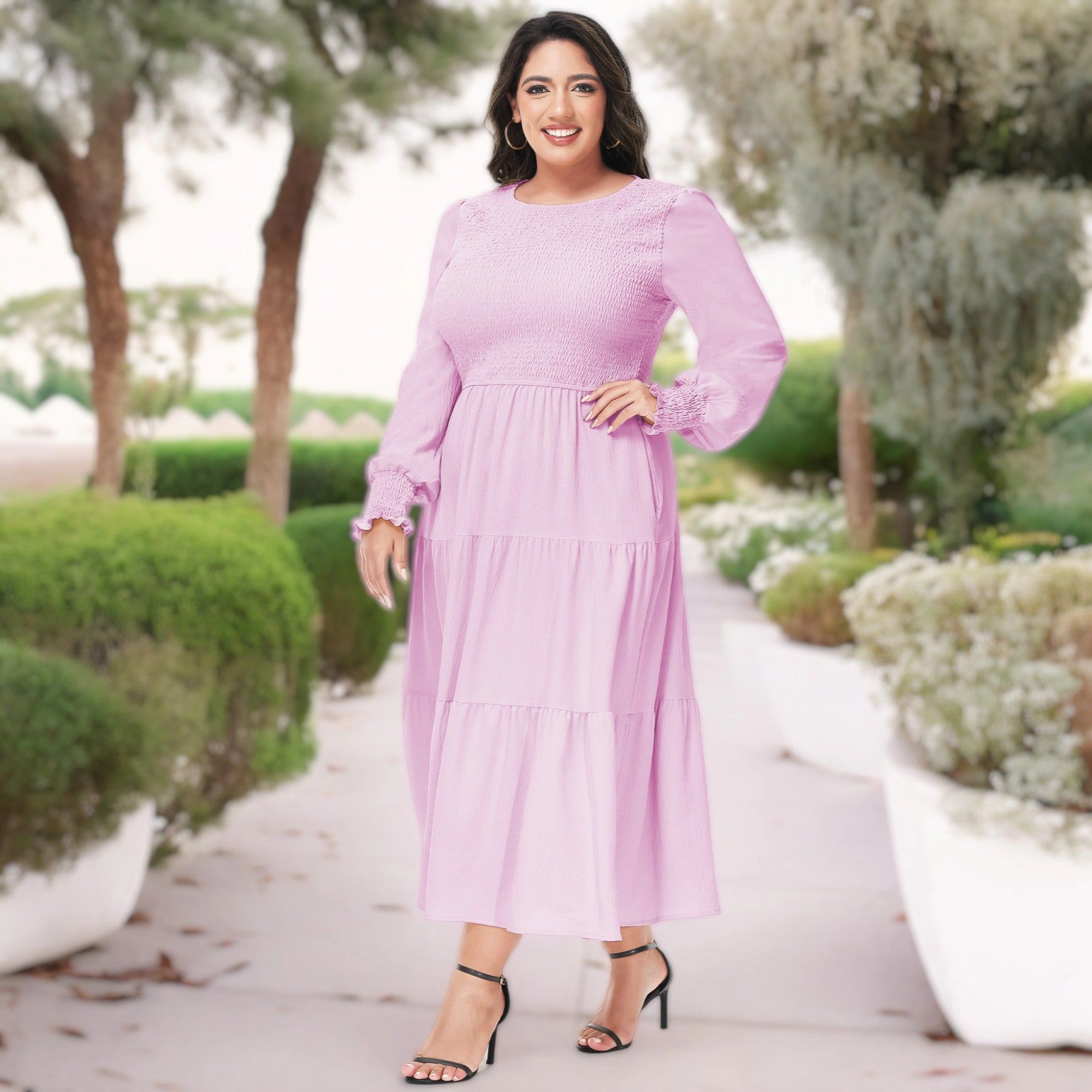 Anna-Kaci Womens Plus Smocked Chest Round Neck Flowy Tiered Maxi Dress