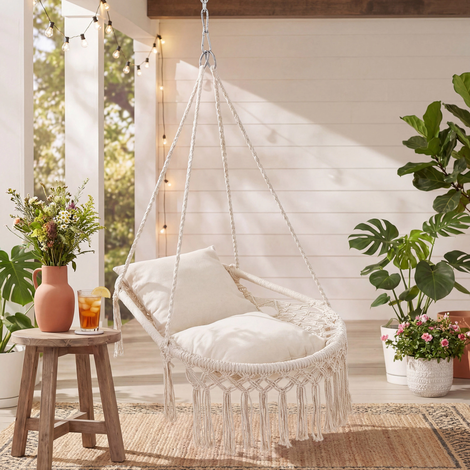 LJG Macrame Swing Chair Hammock with 2 Removable Cushions