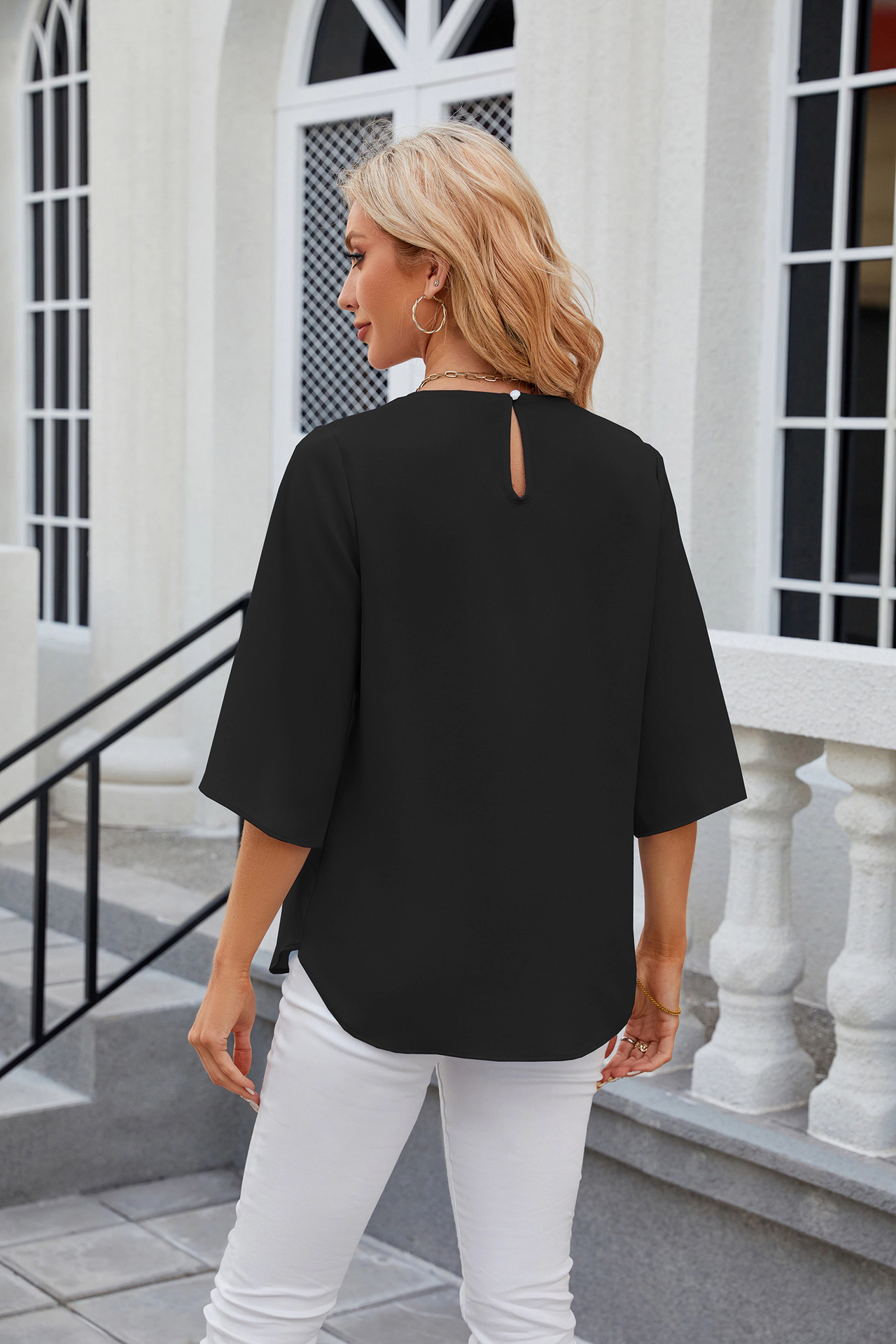 Enchanted Funland Womens Pleated Round Neck Chiffon Split Flutter Sleeve Blouse Tops