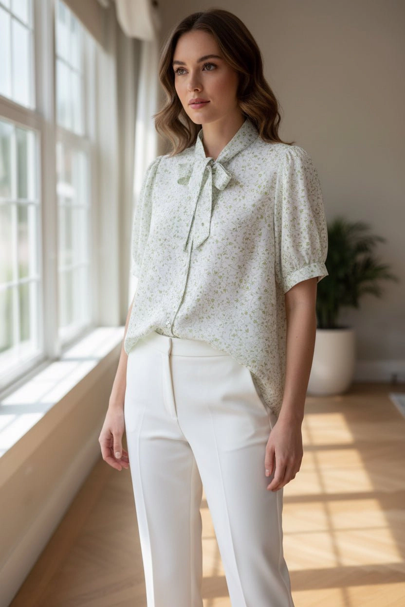 DressAtR Women's Tie Neck Button Front Elbow Sleeve White and Green Blouse