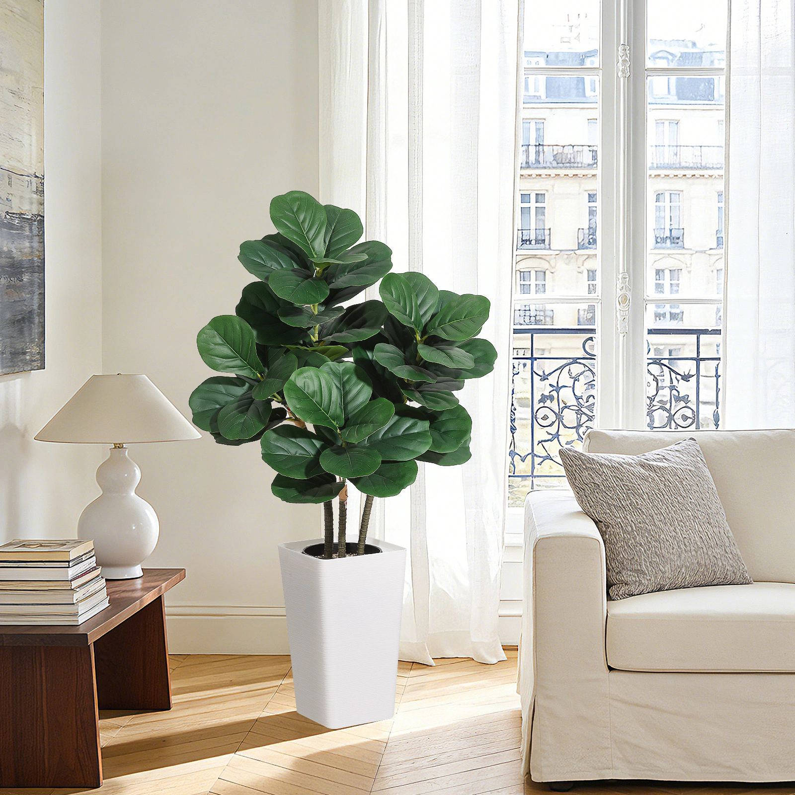 4FT Artificial Fiddle Leaf Tree Faux Ficus Lyrata Silk Plant with White Planter, Realistic Floor Fig for Living Room