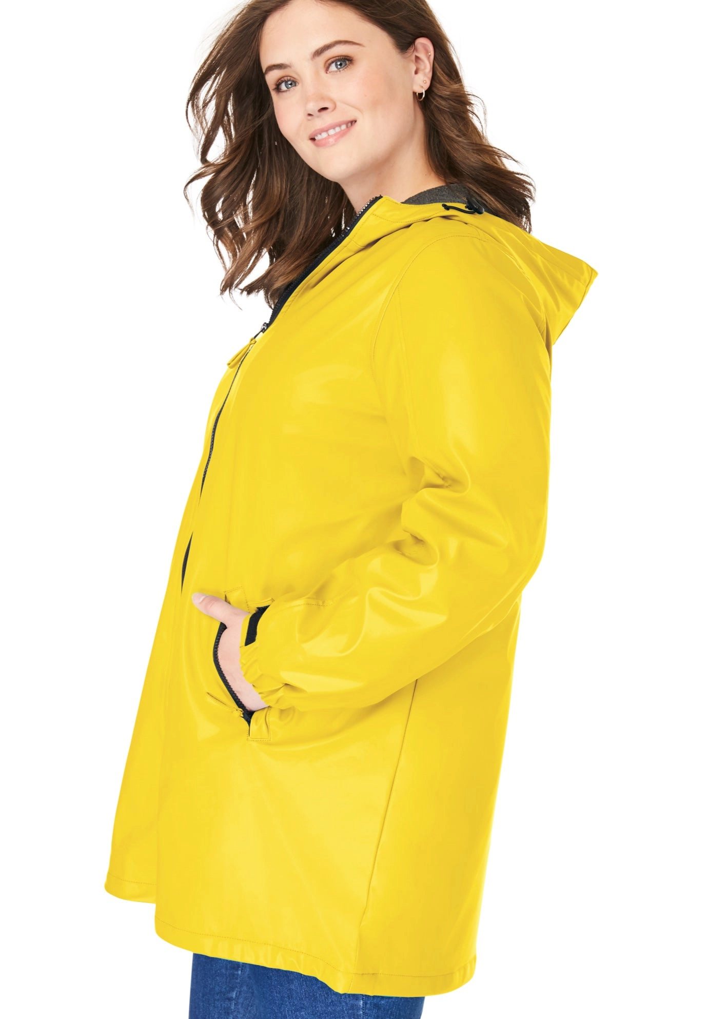 Woman Within Plus Size Fleece-Lined Mid-Length Slicker Raincoat