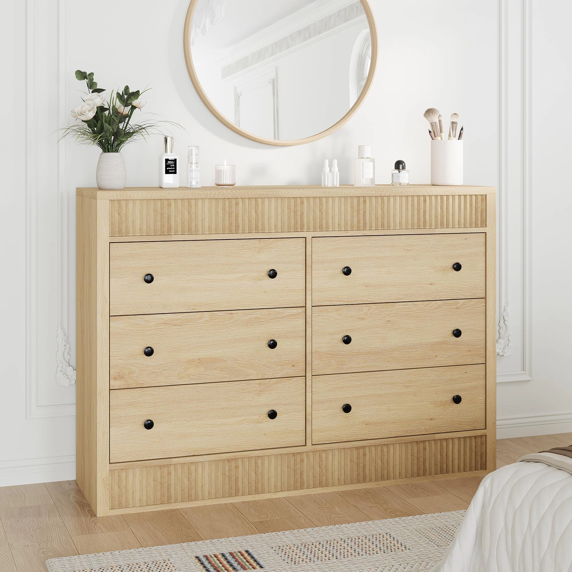 Fluted 6 Drawer Wooden Dresser, 47" Wide Modern Storage Chest for Bedroom or Living Room