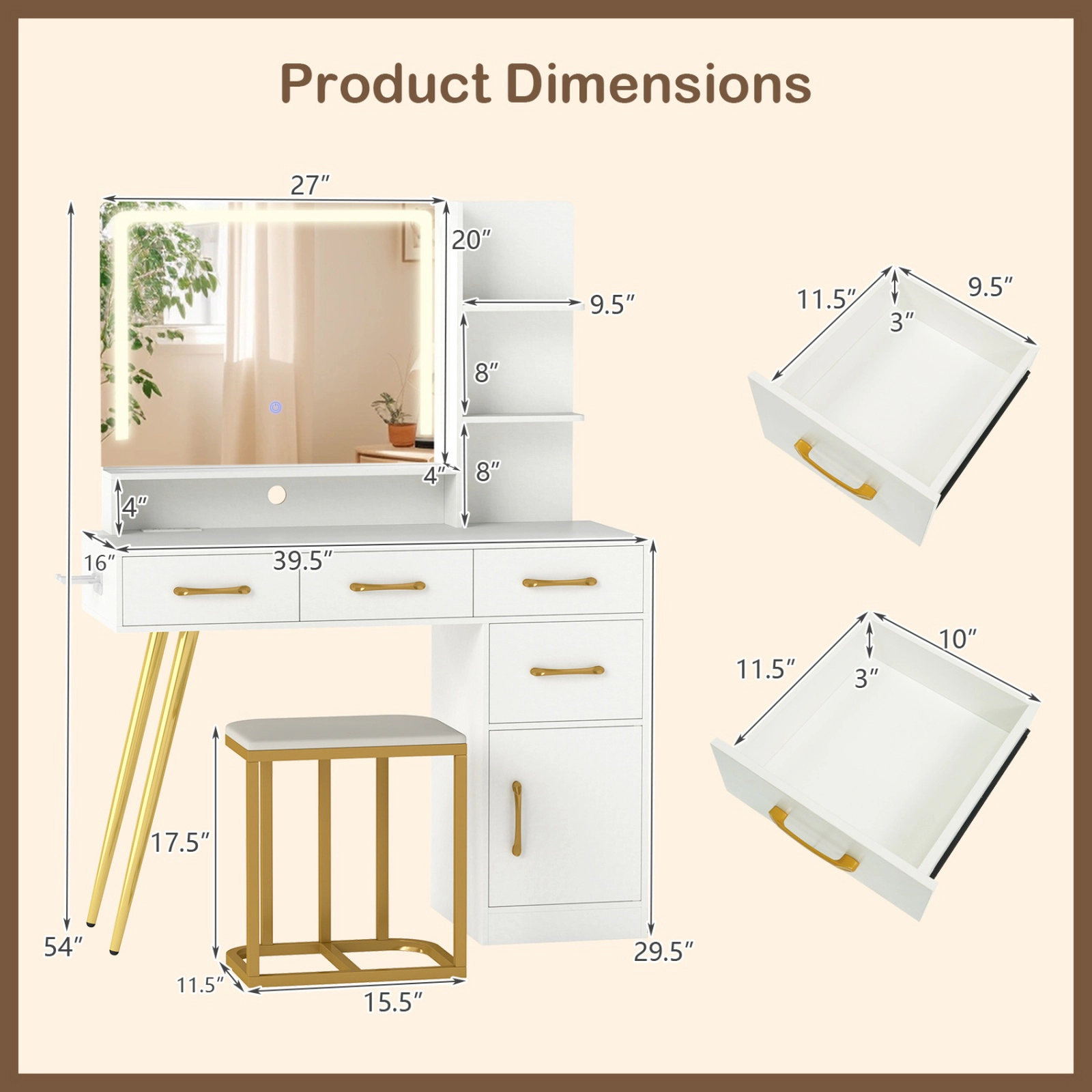 SUGIFT LED Lighted Vanity Set Mirror & Adjustable Brightness Table 88-lb Tabletop Capacity 330-lb Stool Capacity White