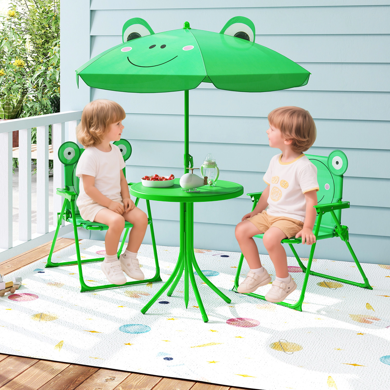 SUGIFT Kids Picnic Table Set, 4-Piece Green Folding Set with 2 Chairs and Removable Umbrella