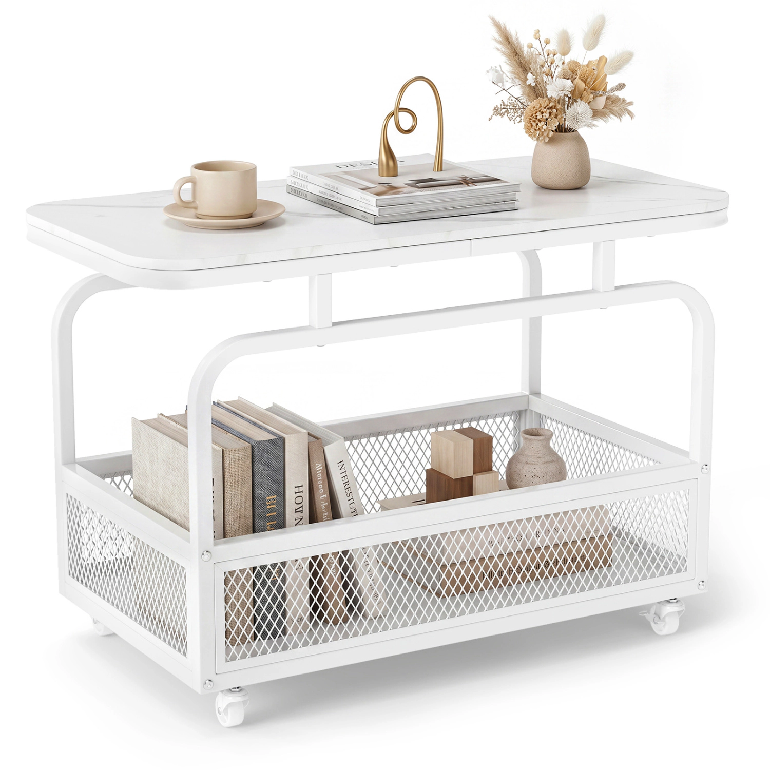 Glintex Rolling Narrow Side Table with Faux Marble Top and Mesh Storage Basket, White
