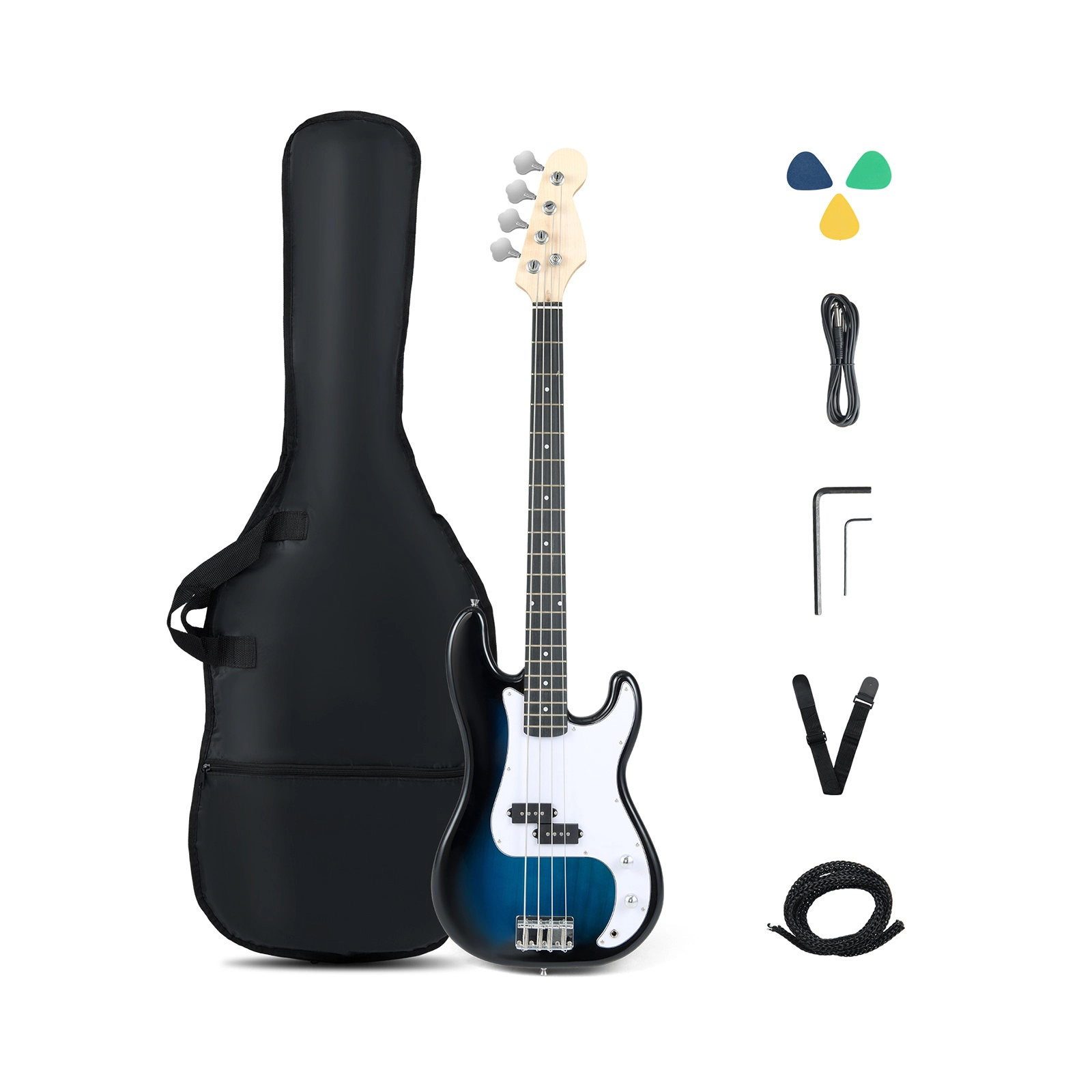 SUGIFT Blue 45.5-in Electric Bass Guitar with Double Pickups Chrome-Plated Pegs Gig Bag and Truss Rod