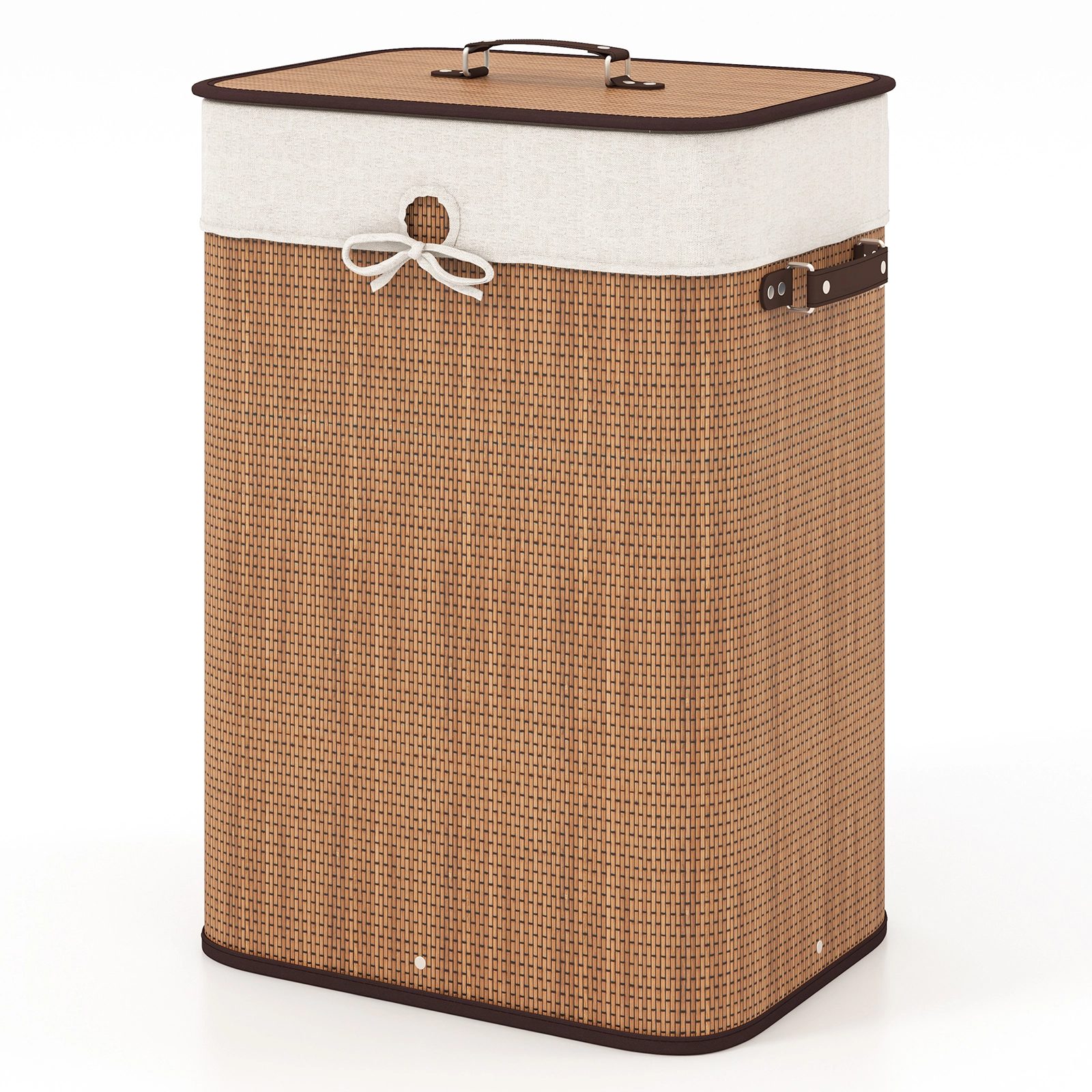 SUGIFT Natural 19-gal Rectangle Bamboo Laundry Basket Clothes Hamper with Lid PU Handles and Liner