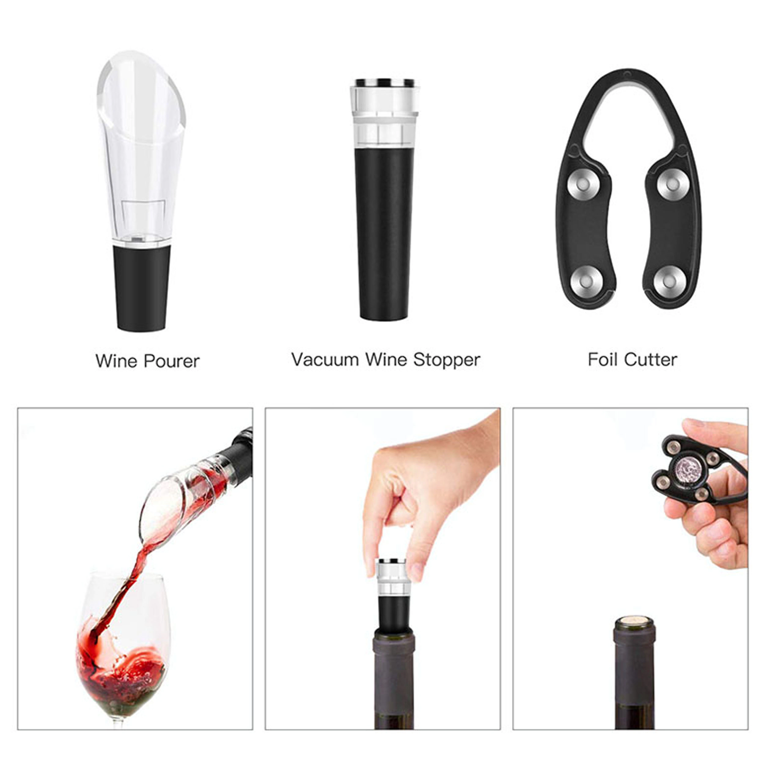 Brentwood Electric Wine Bottle Opener with Foil Cutter, Vacuum Stopper, and Aerator Pourer in Silver